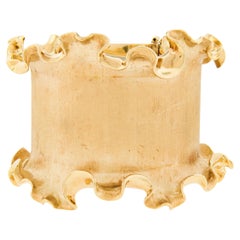 18k Solid Yellow Gold Brushed Ruffle Edge Very Wide Hinged Bangle Bracelet