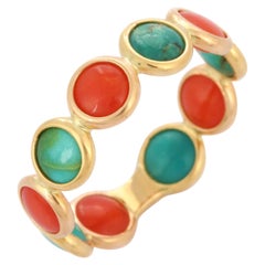 18k Solid Yellow Gold Coral and Turquoise Eternity Band