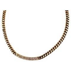 18k Solid Yellow Gold Cuban Link Chain Diamond Bar Pendant Necklace
