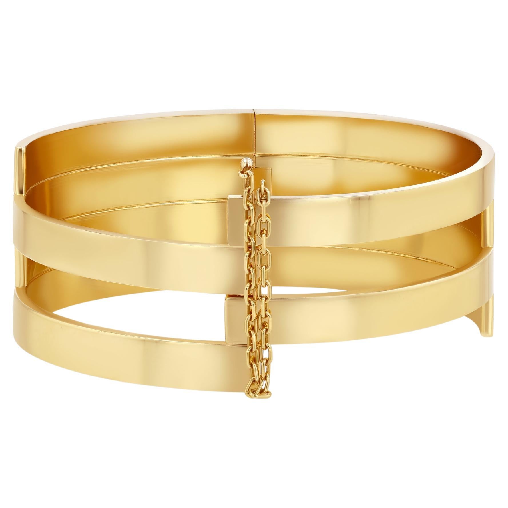 18k Solid Yellow Gold Cuff Bracelet with Vintage Pin Clasp 115g TW. For Sale