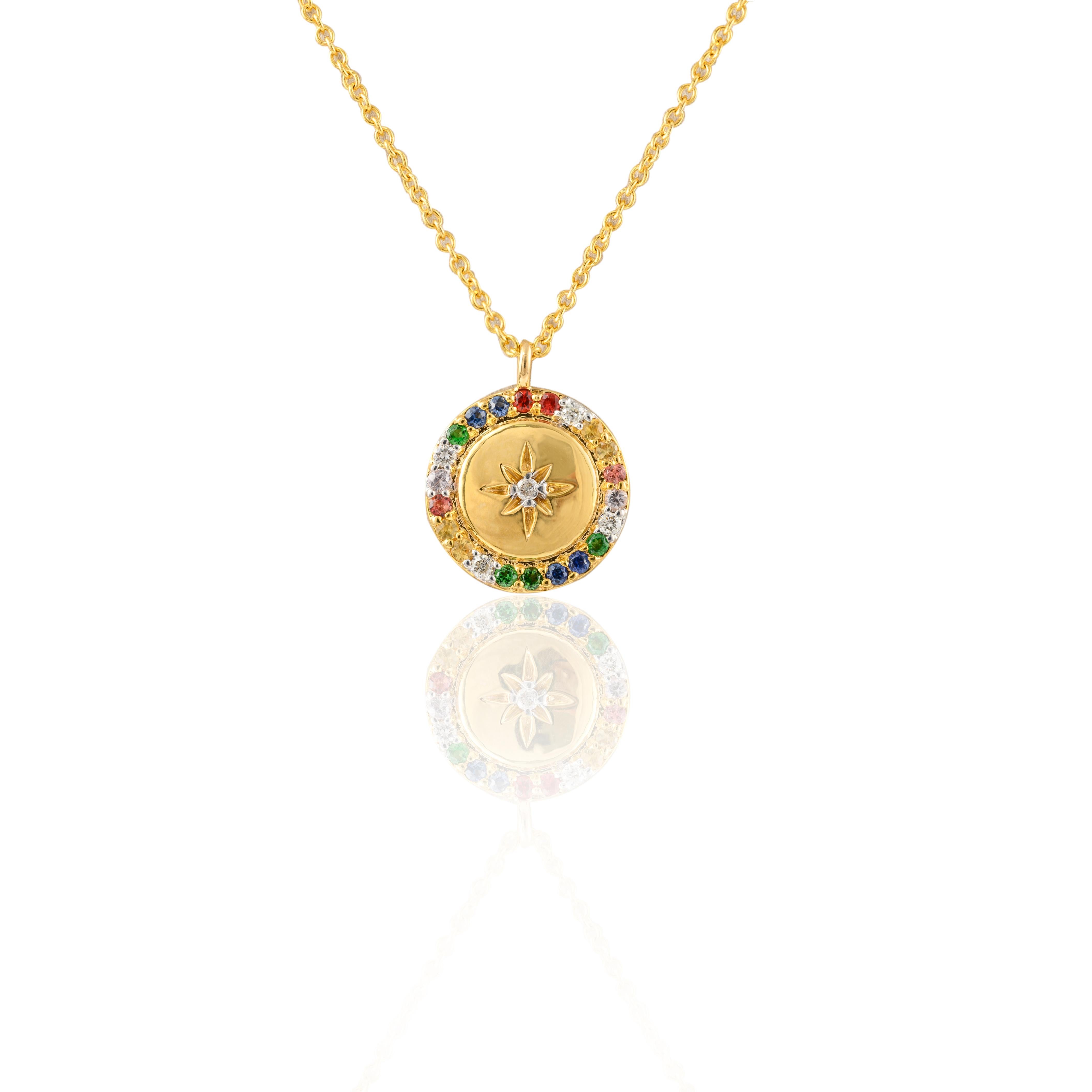 18k Solid Yellow Gold Multi Sapphire Disc Pendant Necklace, Thanksgiving Gift In New Condition For Sale In Houston, TX