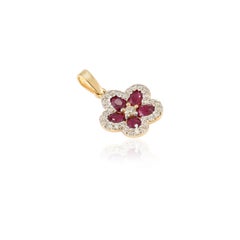 18k Yellow Gold Ruby and Diamond Flower Pendant Valentine Gifts for Her