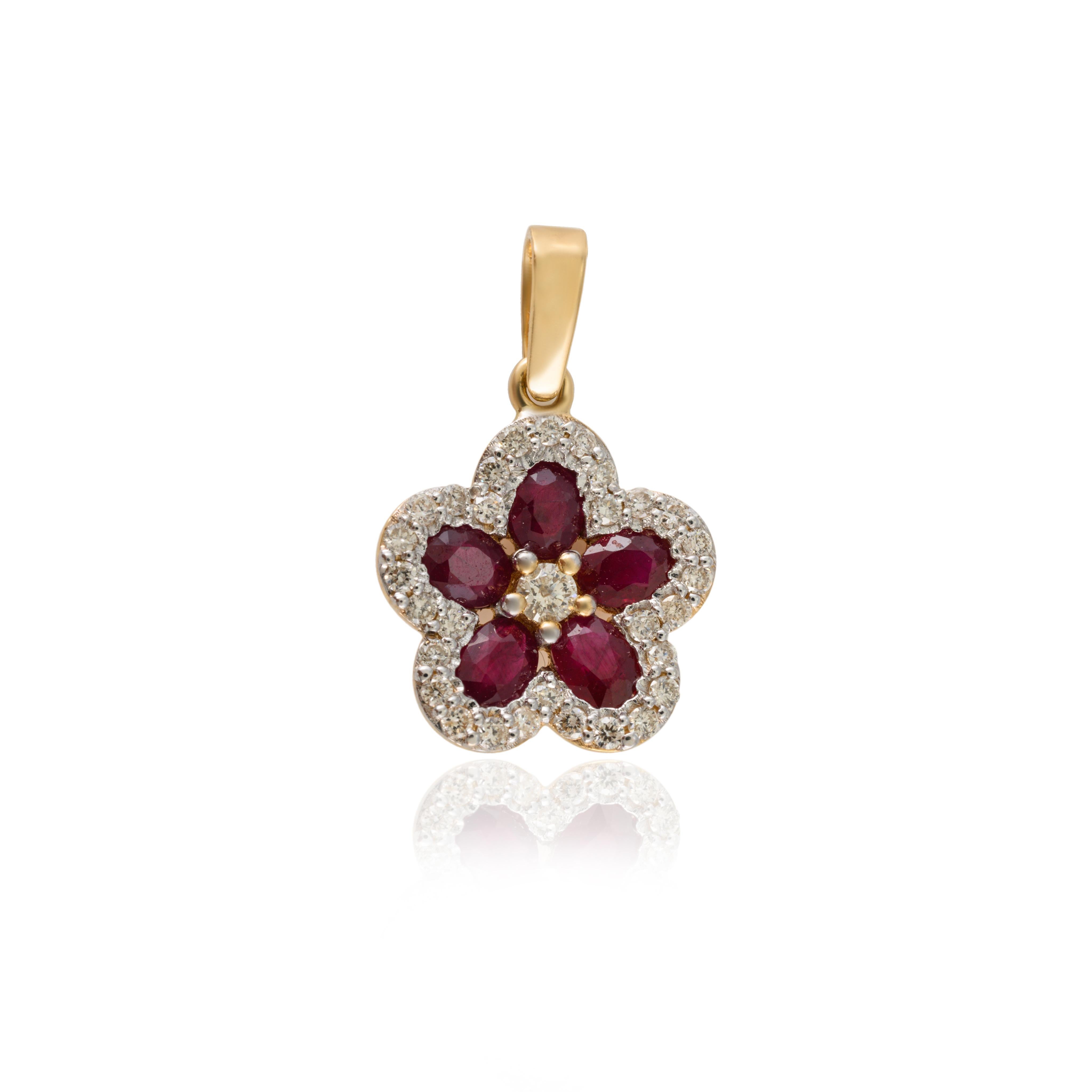 Modern 18k Yellow Gold Ruby and Diamond Flower Pendant Valentine Gifts for Her For Sale