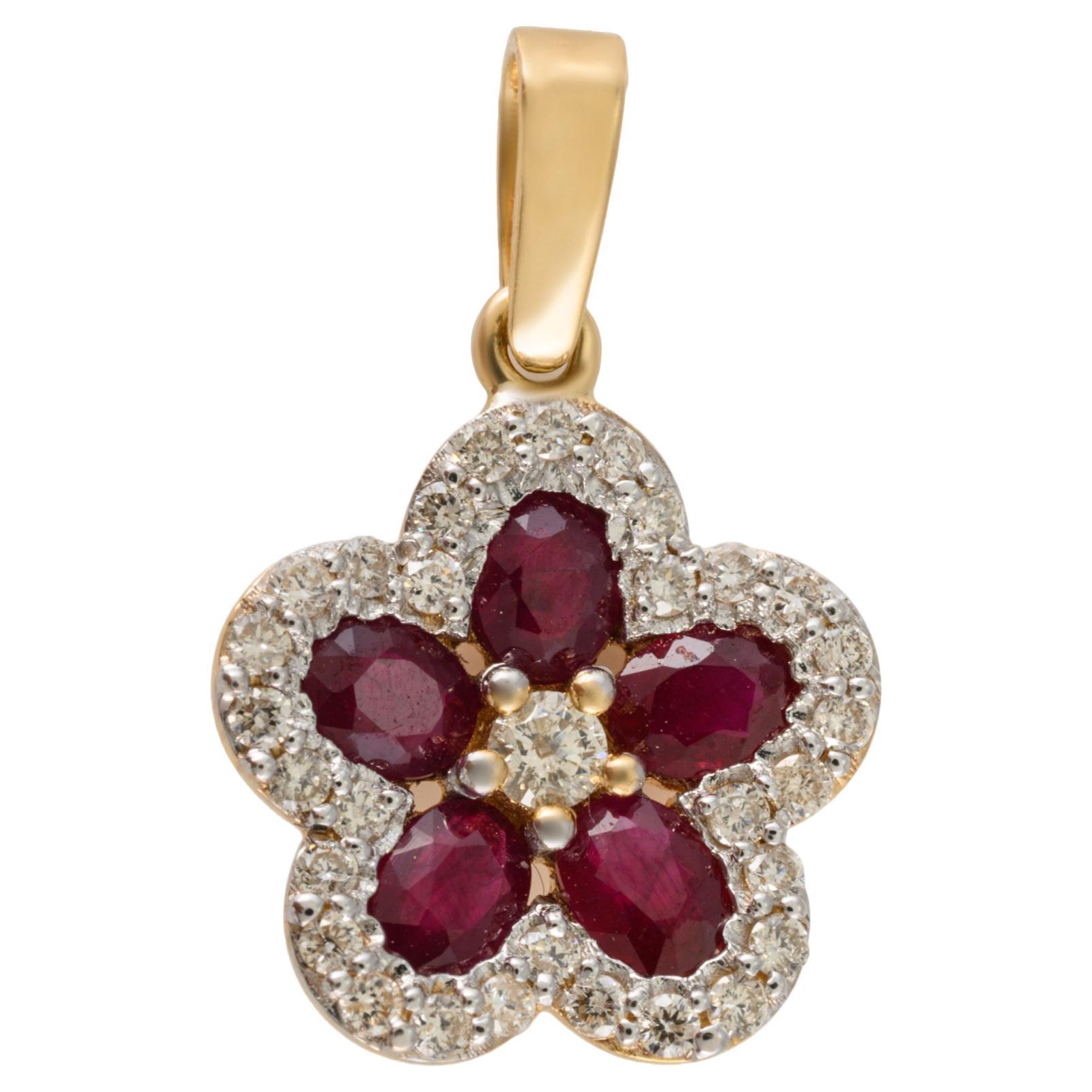 18k Yellow Gold Ruby and Diamond Flower Pendant Valentine Gifts for Her