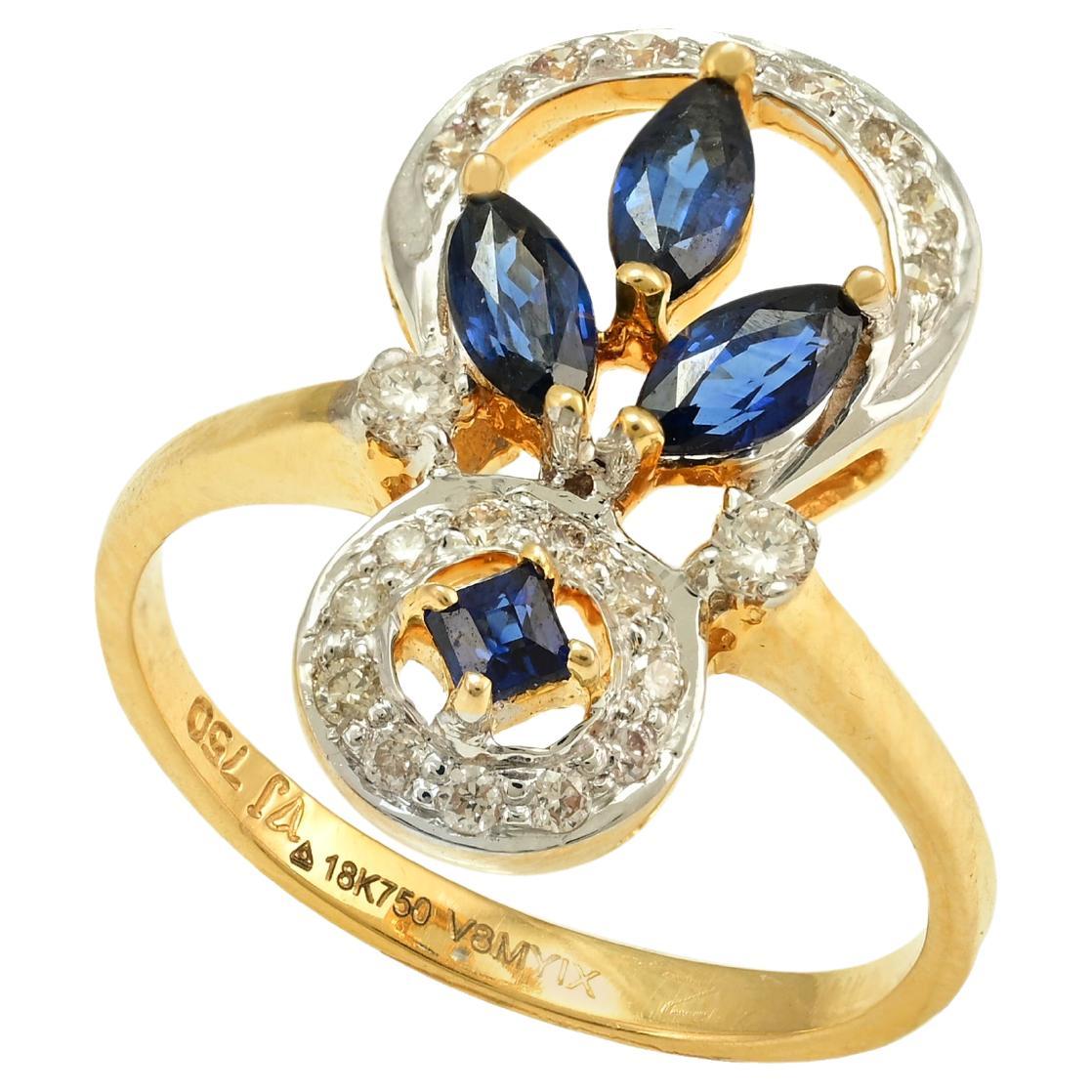 18k Solid Yellow Gold Contemporary Diamond and Blue Sapphire Statement Ring