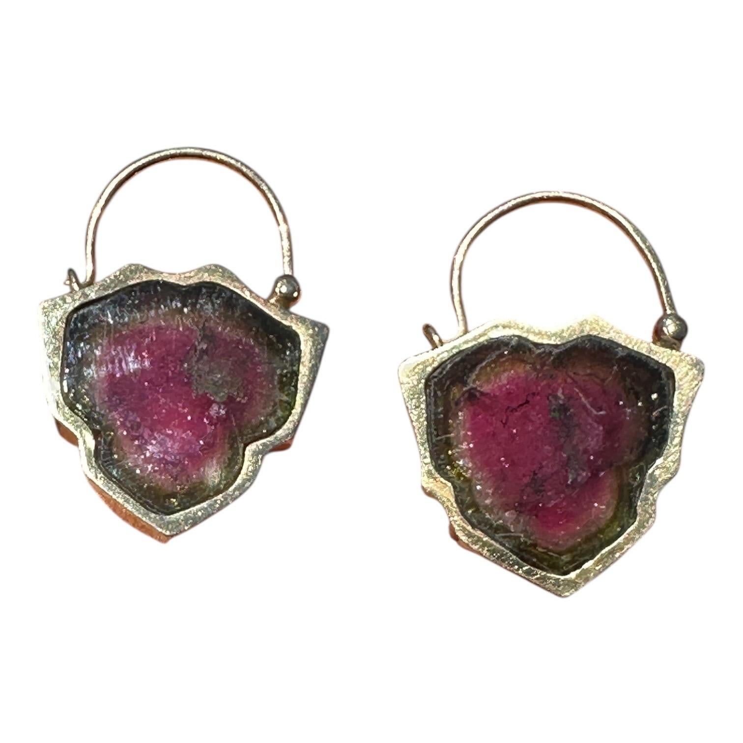 18K Solid Yellow Gold Diamond Accent 28CT Watermelon Tourmaline Slice Earrings