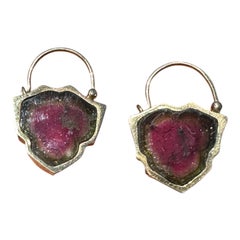 18K Solid Yellow Gold Diamond Accent 28CT Watermelon Tourmaline Slice Earrings
