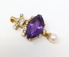 Pendentif pour collier en or jaune massif 18 carats, diamant, améthyste et perle taille marquise