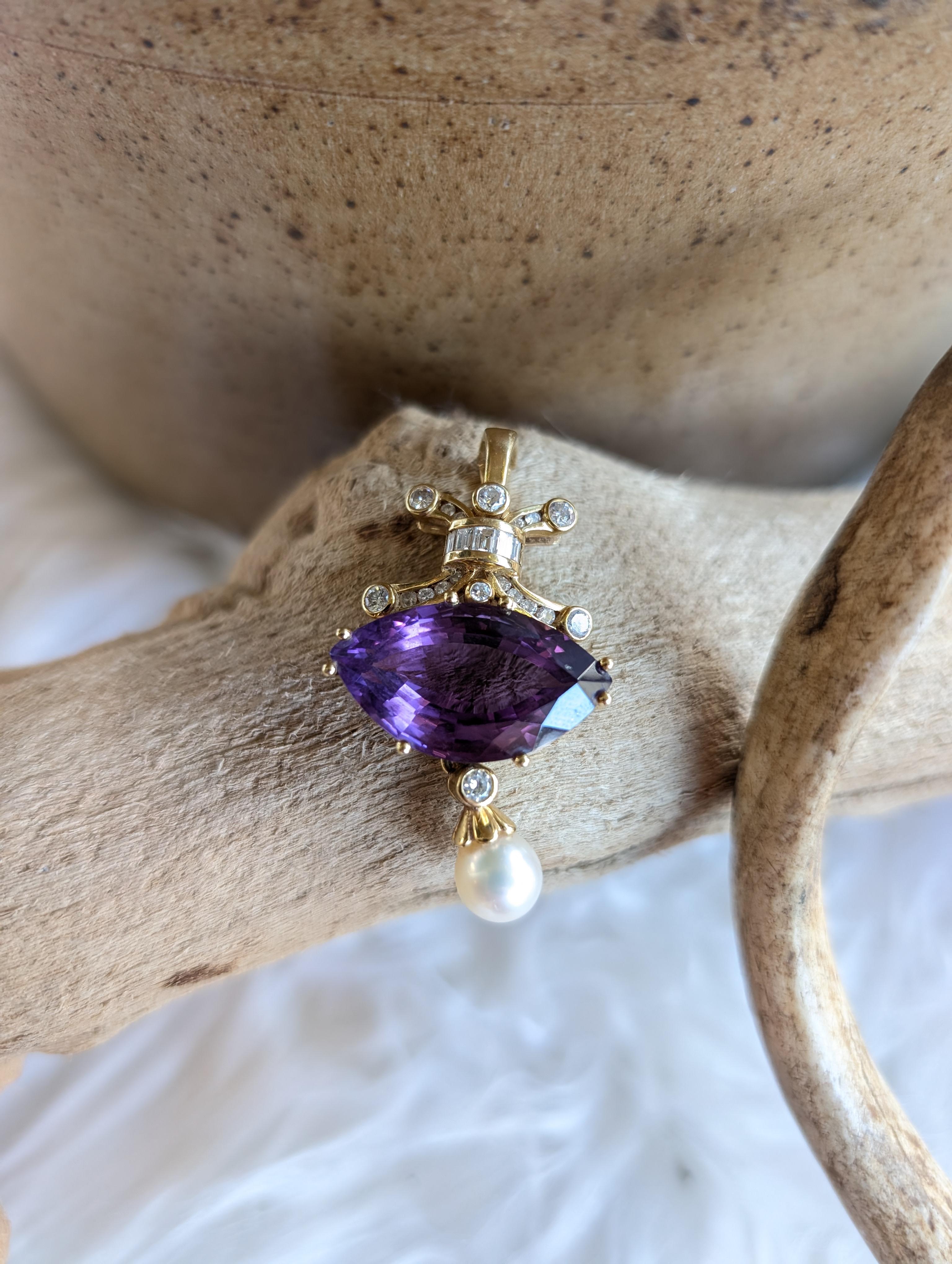 Women's 18k Solid Yellow Gold Diamond Amethyst Pearl Pendant for Necklace Marquise Cut For Sale
