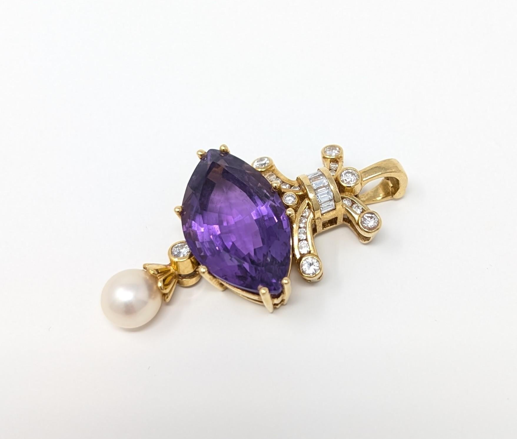 18k Solid Yellow Gold Diamond Amethyst Pearl Pendant for Necklace Marquise Cut For Sale 1