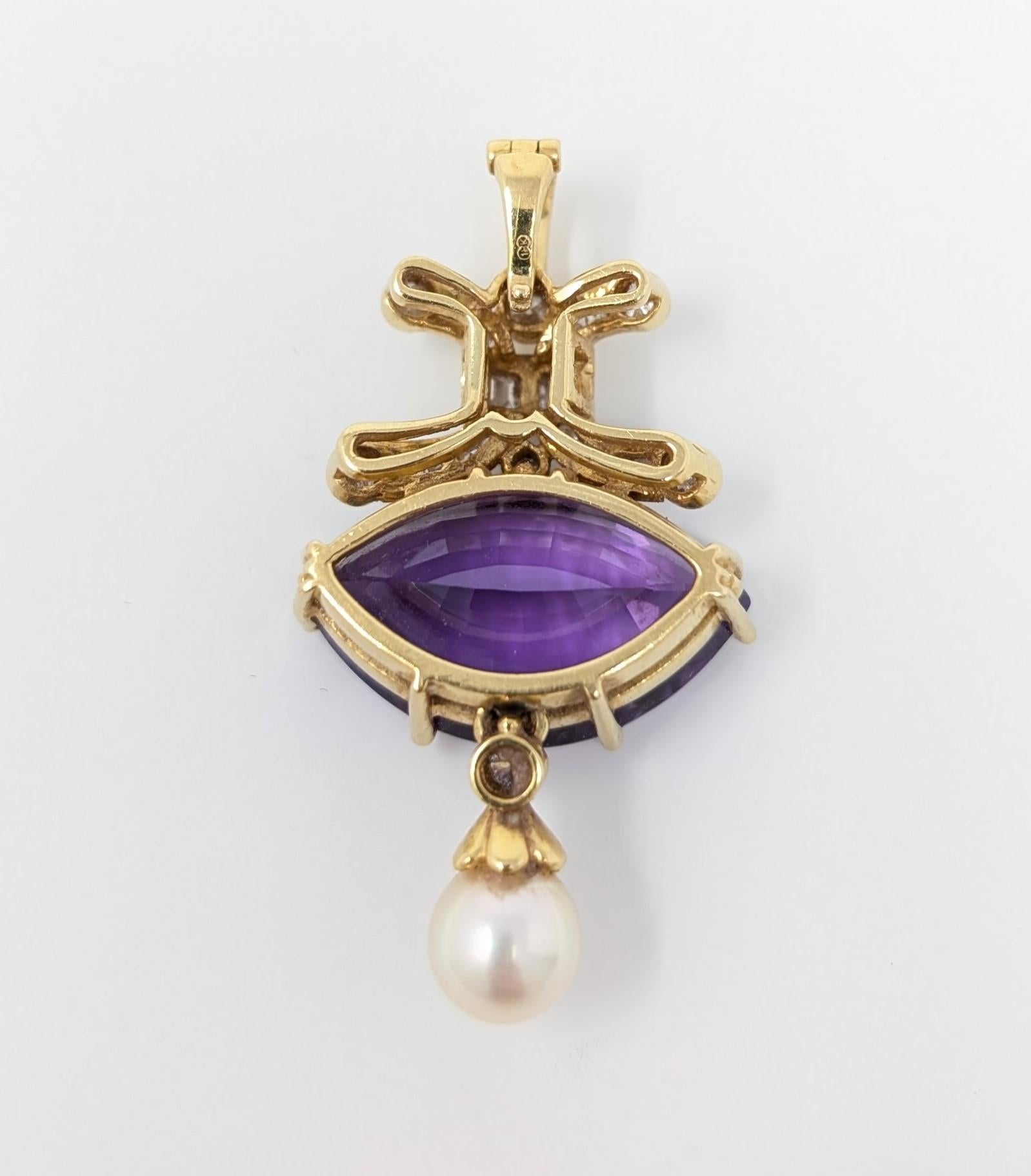 18k Solid Yellow Gold Diamond Amethyst Pearl Pendant for Necklace Marquise Cut For Sale 2