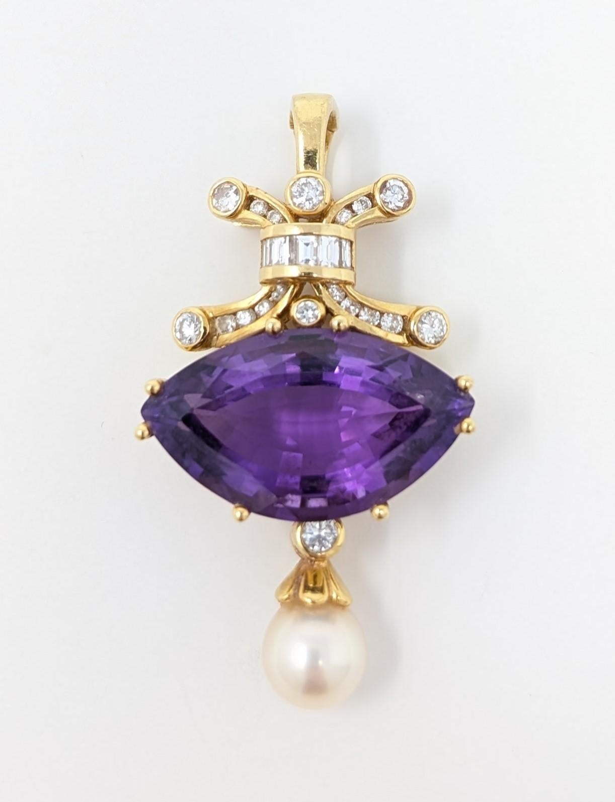 18k Solid Yellow Gold Diamond Amethyst Pearl Pendant for Necklace Marquise Cut For Sale 3