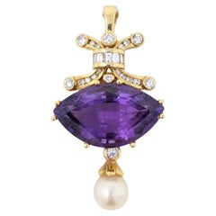 18k Solid Yellow Gold Diamond Amethyst Pearl Pendant for Necklace Marquise Cut