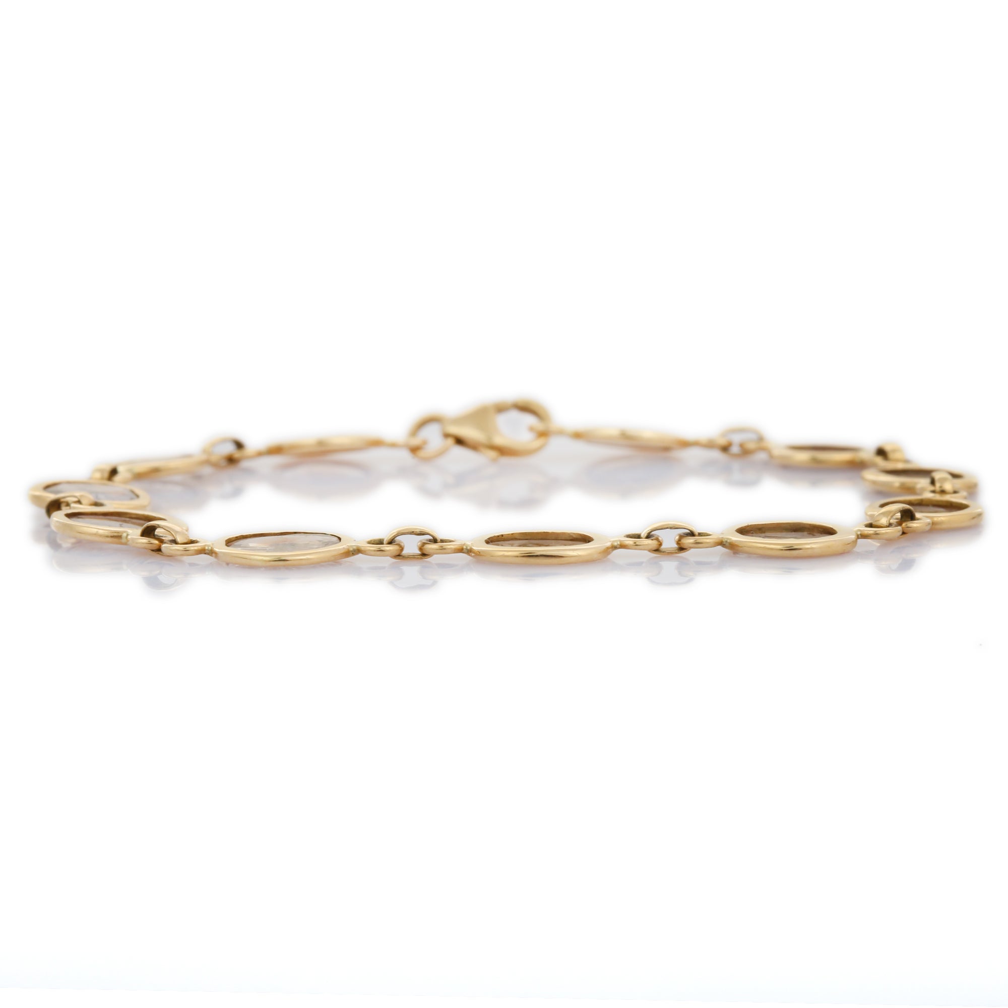 This Uncut Diamond Chain Bracelet in 18K gold showcases sparkling natural diamonds, weighing 3.95 carats. 
April birthstone diamond brings love, fame, success and prosperity.
Designed with uncut diamond set in bezel setting to make you stand out on