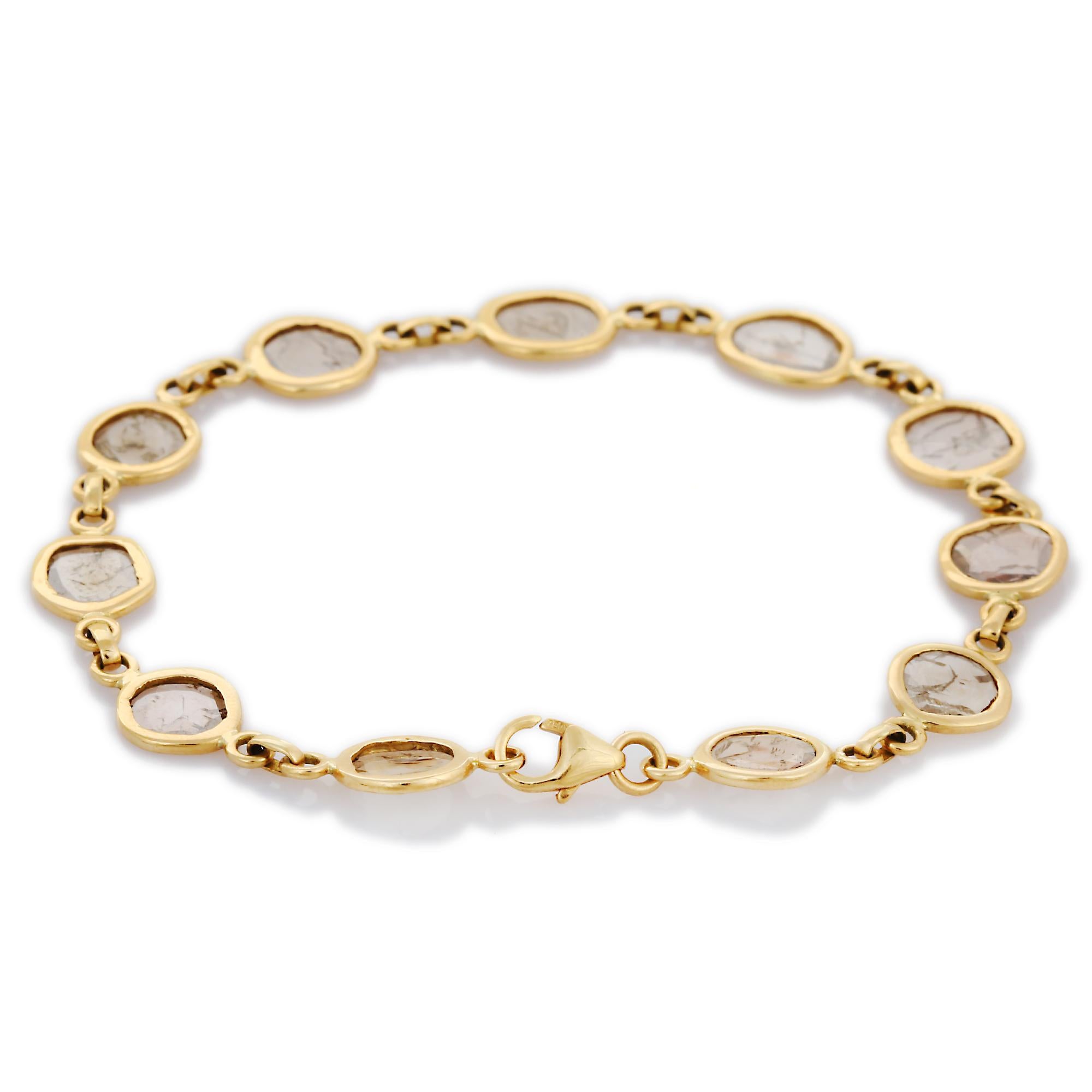 Modern 18K Solid Yellow Gold Uncut Diamond Chain Bracelet for Her For Sale