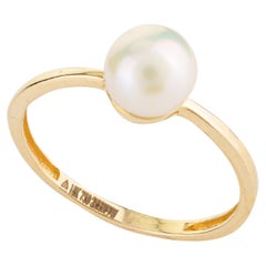 18k Solid Yellow Gold Elegant Natural Pearl Solitaire Ring for Women