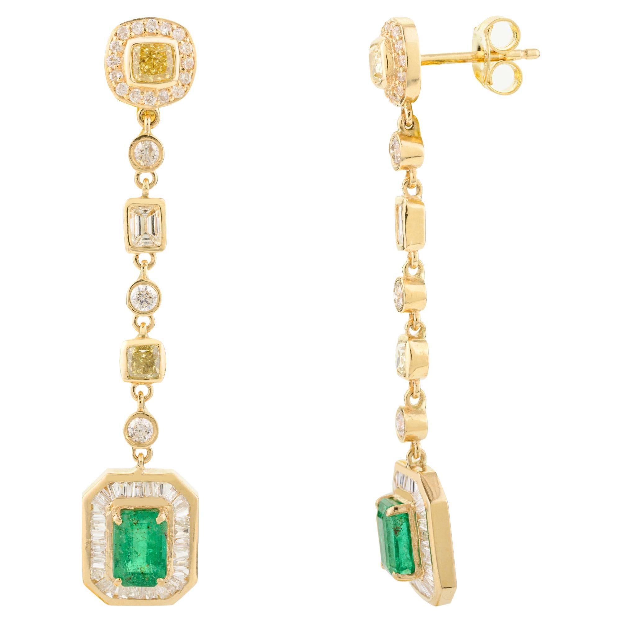 18k Solid Yellow Gold Emerald Diamond Dangle Drop Earrings for Engagement