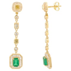 18k Solid Yellow Gold Emerald Diamond Dangle Drop Earrings for Engagement