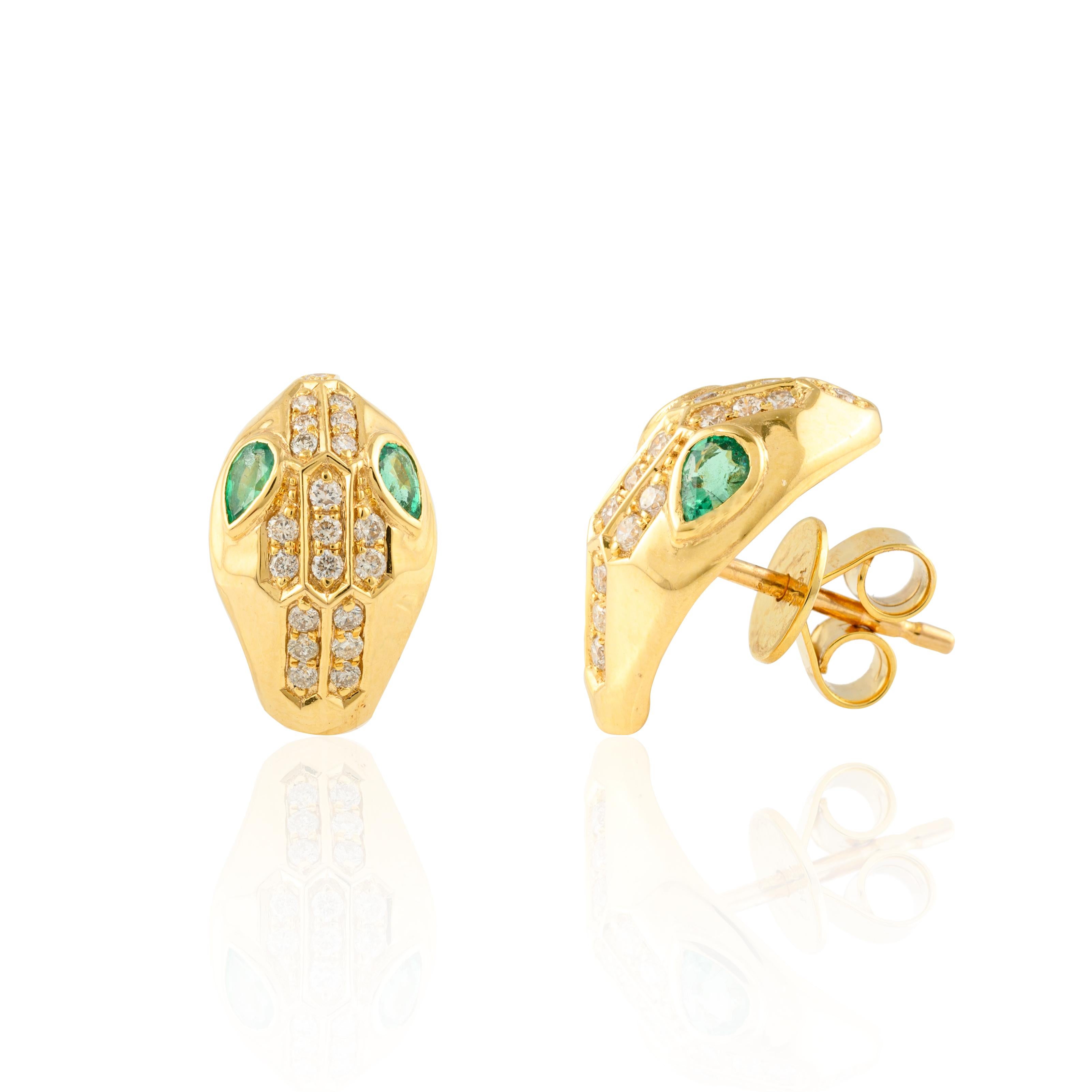Emerald Diamond Serpentine Pushback Stud Earrings in 18K Gold with Diamonds to make a statement with your look. These earrings create a sparkling, luxurious look featuring pear cut emerald .
Emerald enhances the intellectual capacity.
Designed with