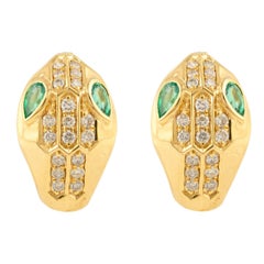 Orecchini a perno in oro giallo massiccio 18k con diamante smeraldo e serpentina