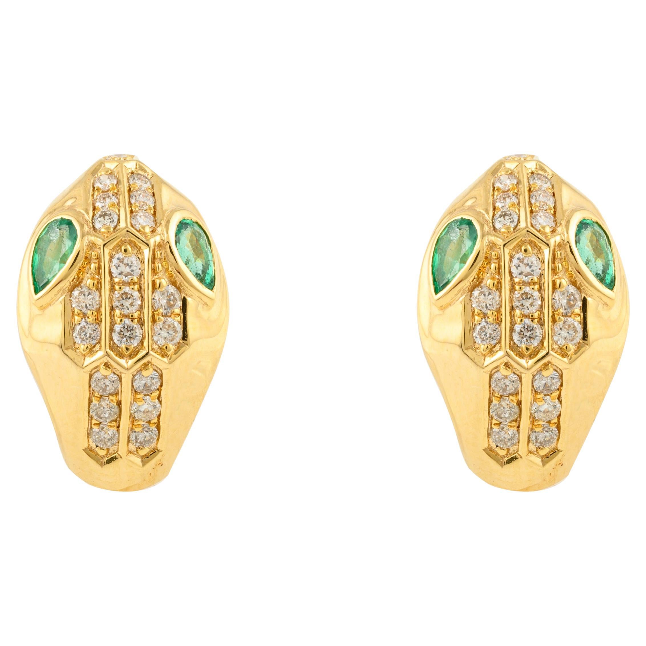 18k Solid Yellow Gold Emerald Diamond Serpentine Pushback Stud Earrings For Sale