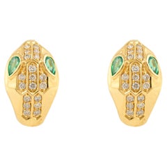 18k Solid Yellow Gold Emerald Diamond Serpentine Pushback Stud Earrings