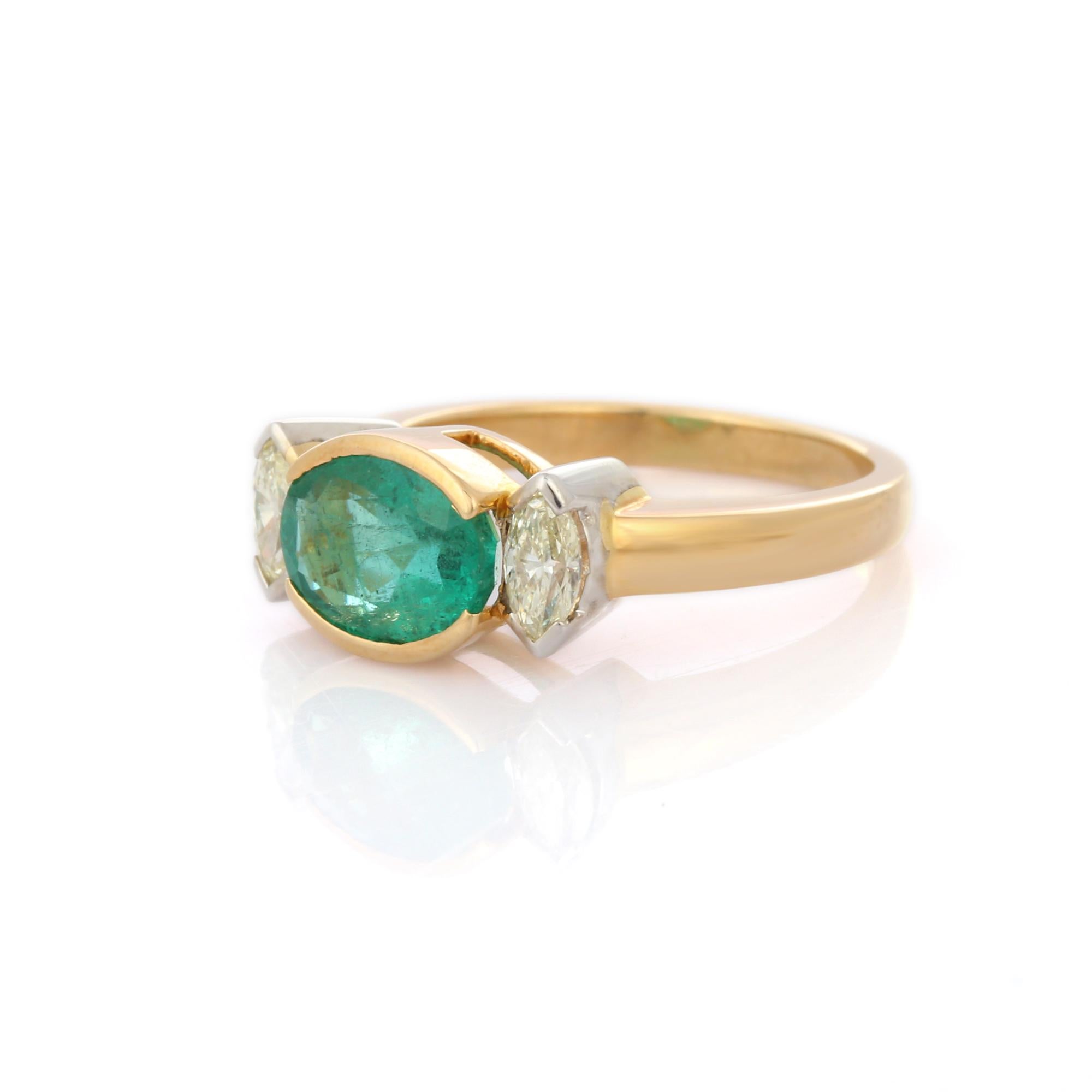 For Sale:  Modern Emerald Diamond Three Stone Ring Engagement Ring in 18K Yellow Gold 6