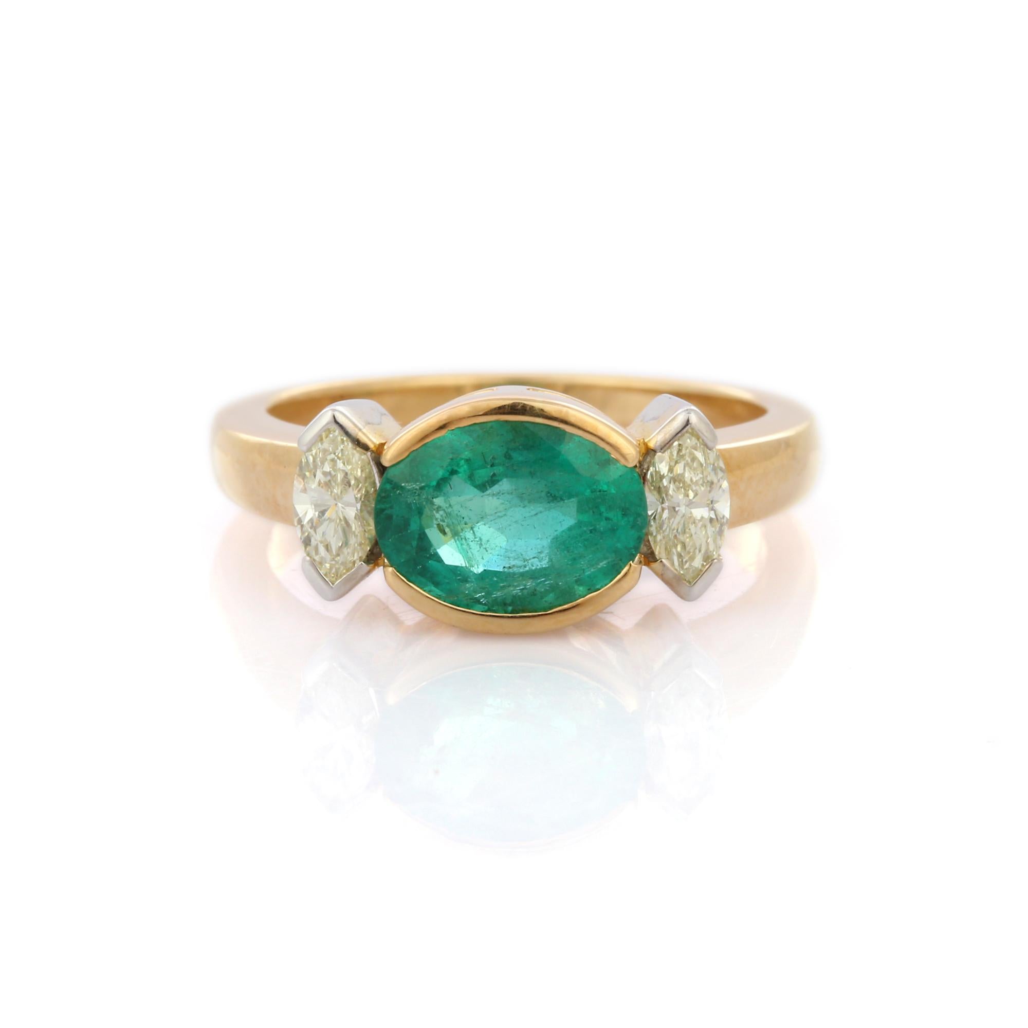 For Sale:  Modern Emerald Diamond Three Stone Ring Engagement Ring in 18K Yellow Gold 7
