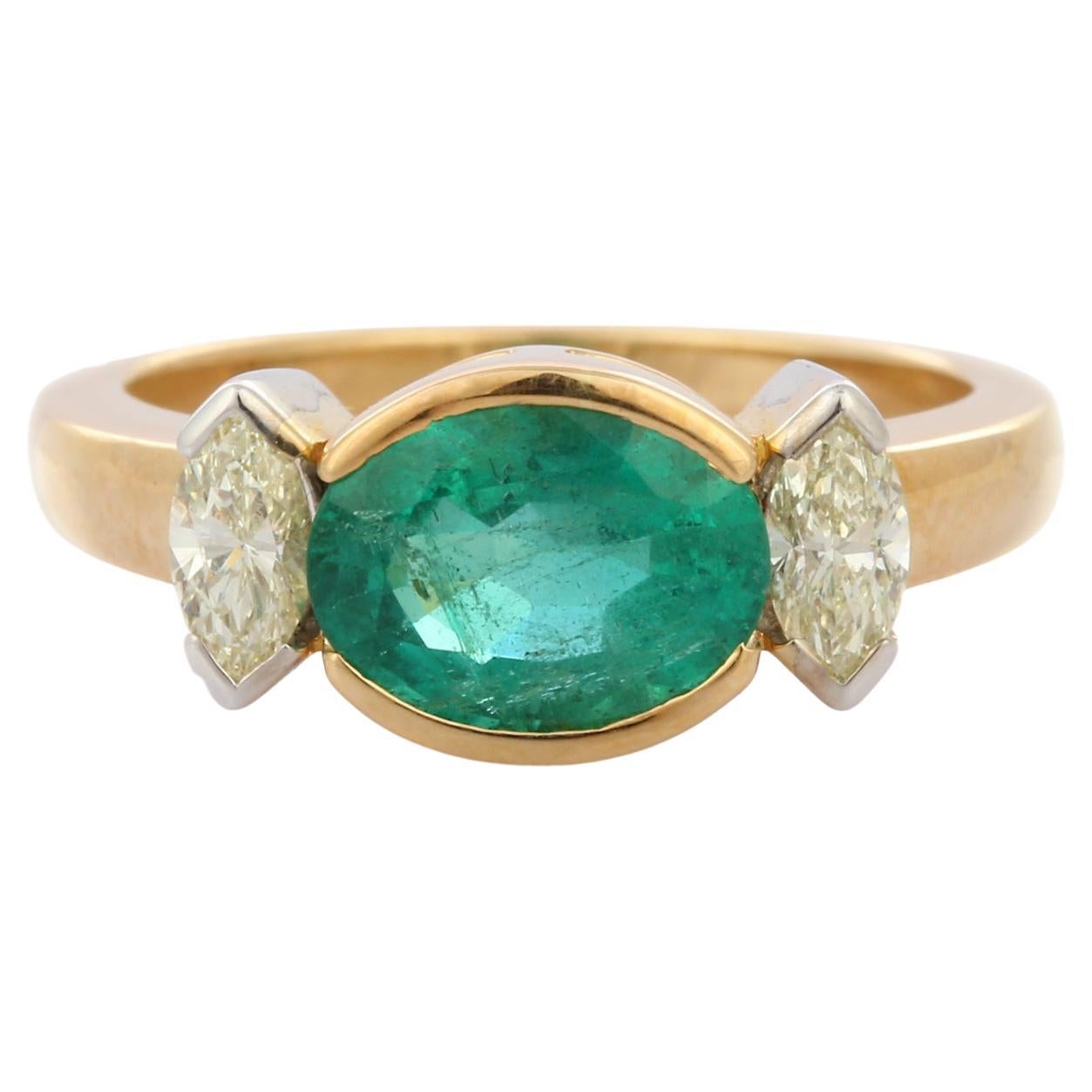 For Sale:  Modern Emerald Diamond Three Stone Ring Engagement Ring in 18K Yellow Gold