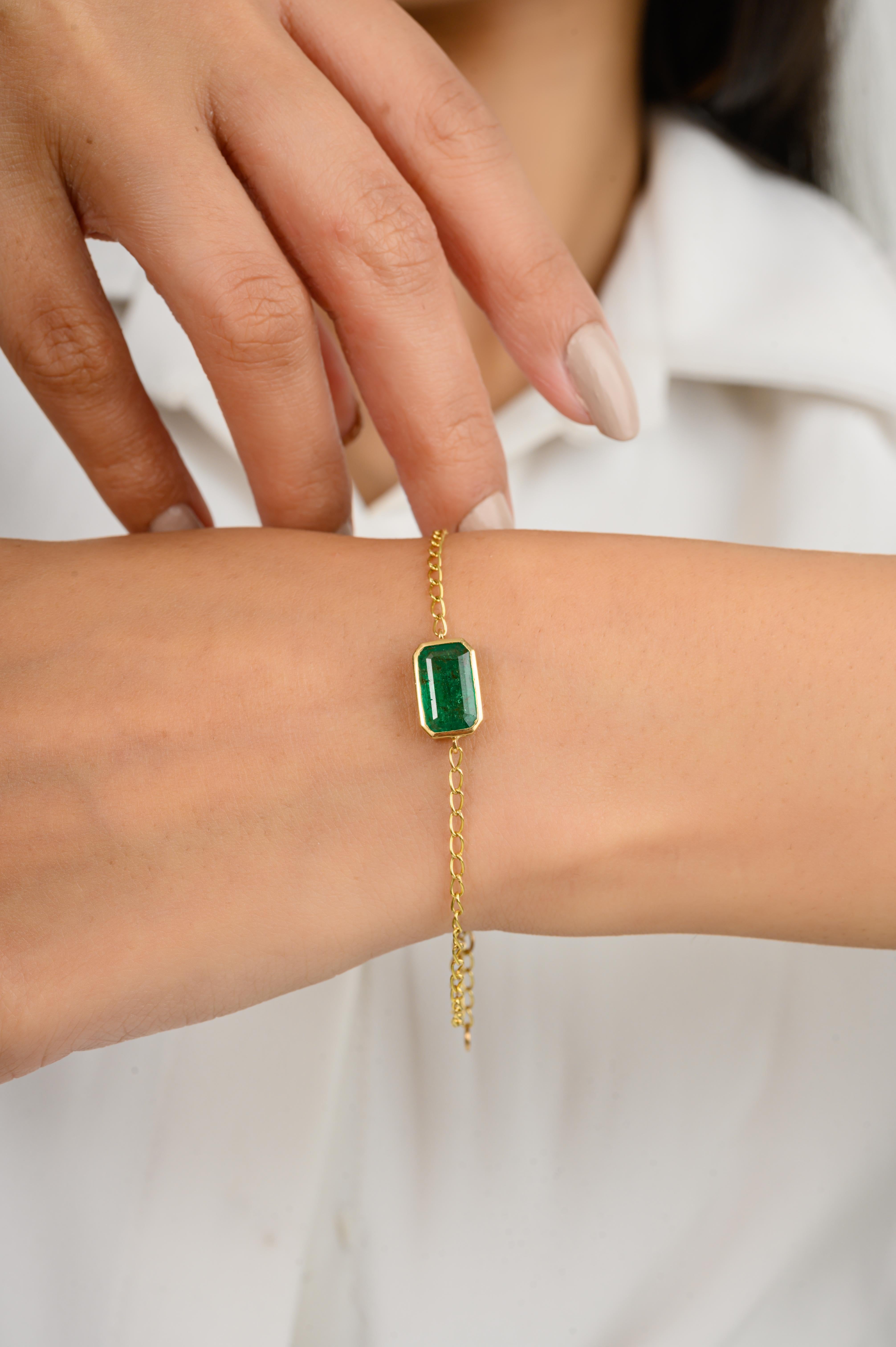 Octagon Cut 18k Solid Yellow Gold Emerald May Birthstone Chain Bracelet Women Gift For Sale