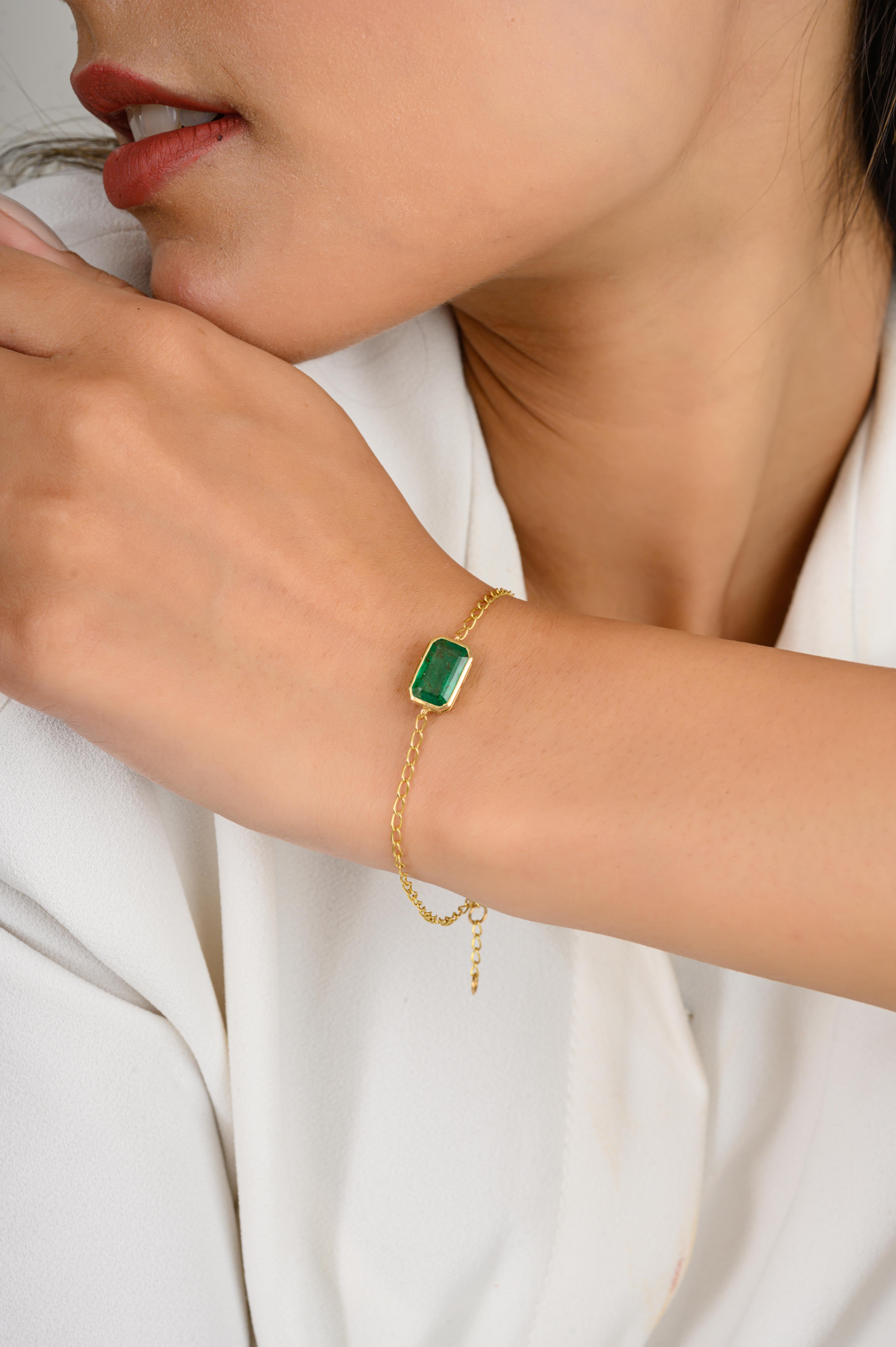 18k Solid Yellow Gold Emerald May Birthstone Chain Bracelet Women Gift For Sale 1