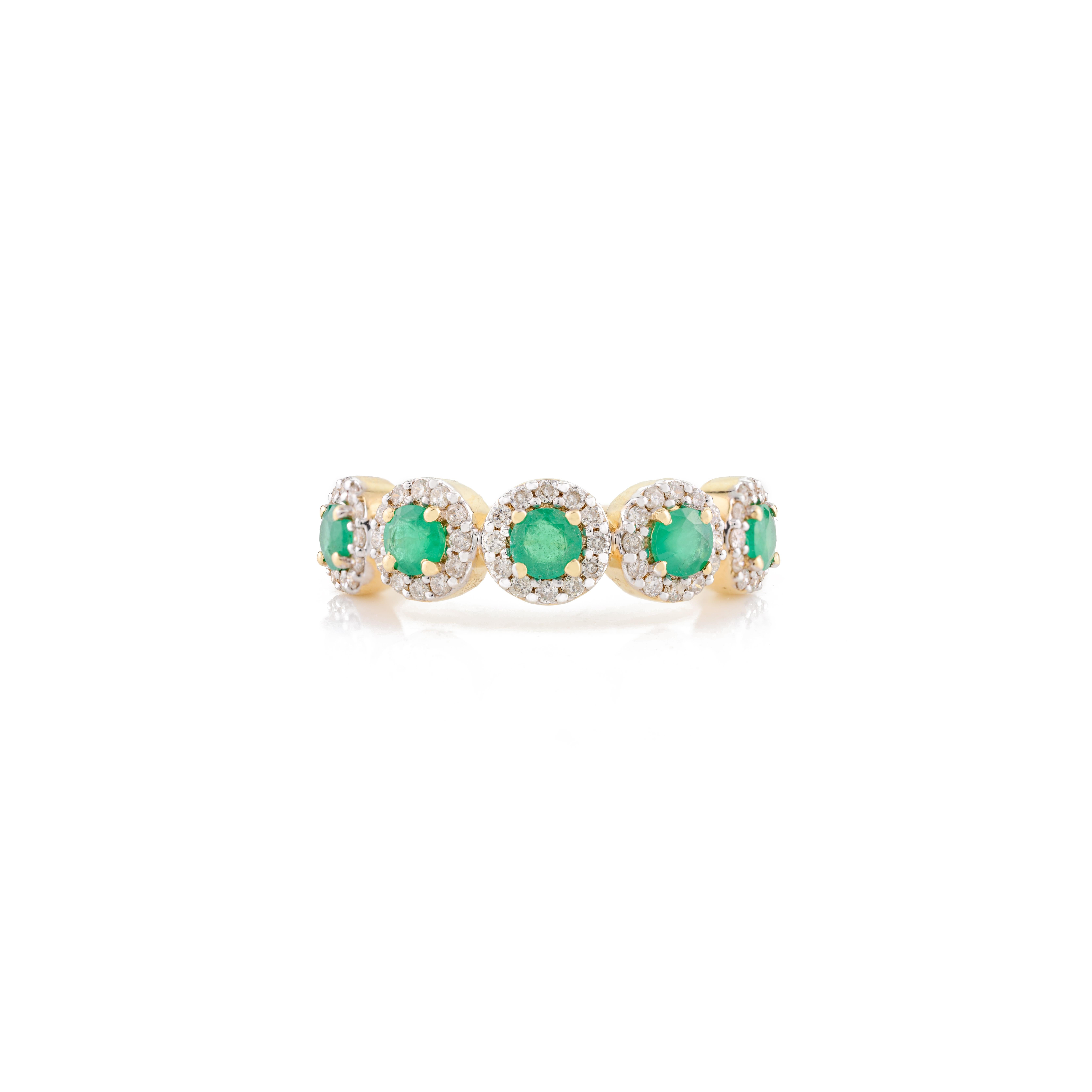For Sale:  18k Solid Yellow Gold Five Stone Round Emerald Halo Diamond Band Ring for Her 3