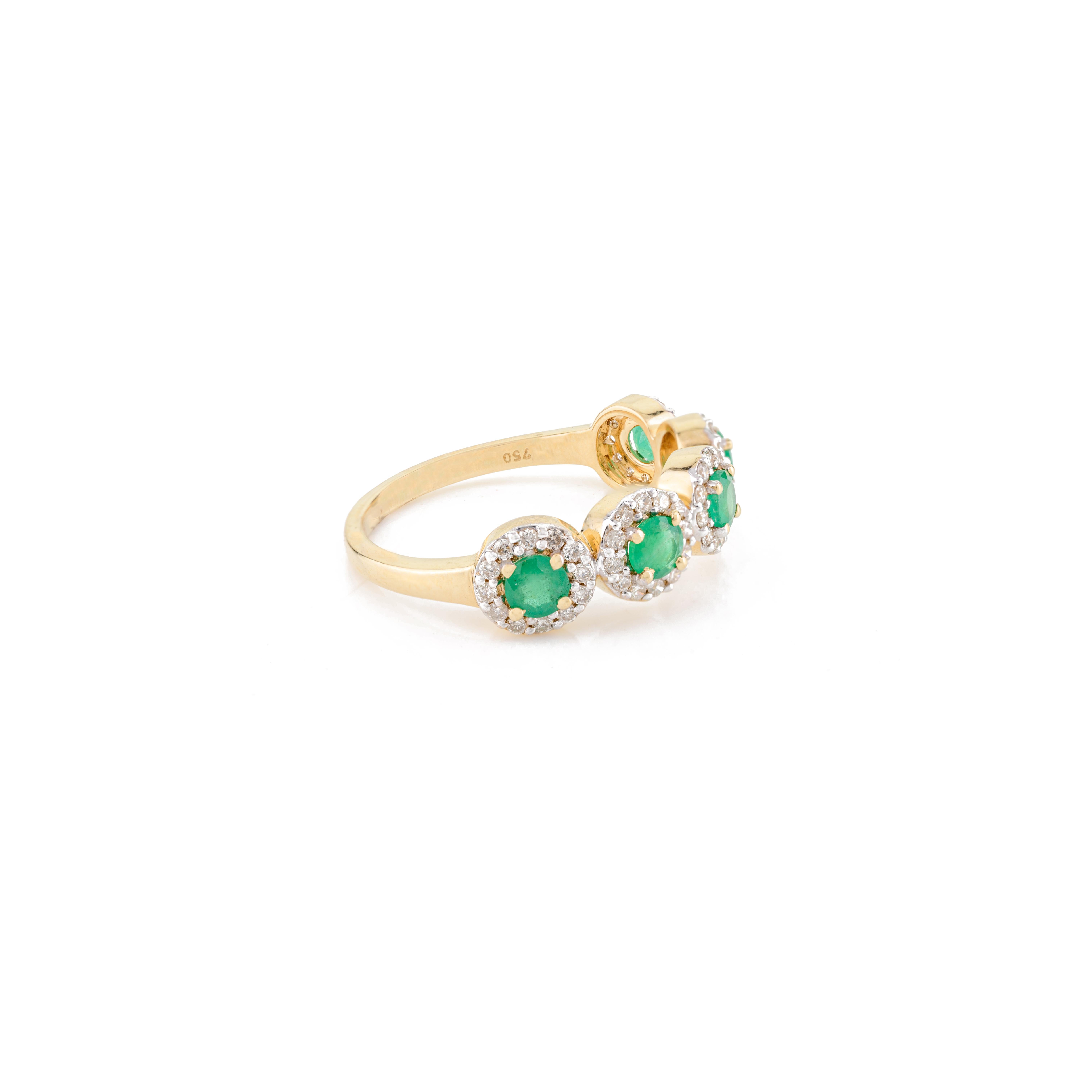 For Sale:  18k Solid Yellow Gold Five Stone Round Emerald Halo Diamond Band Ring for Her 5