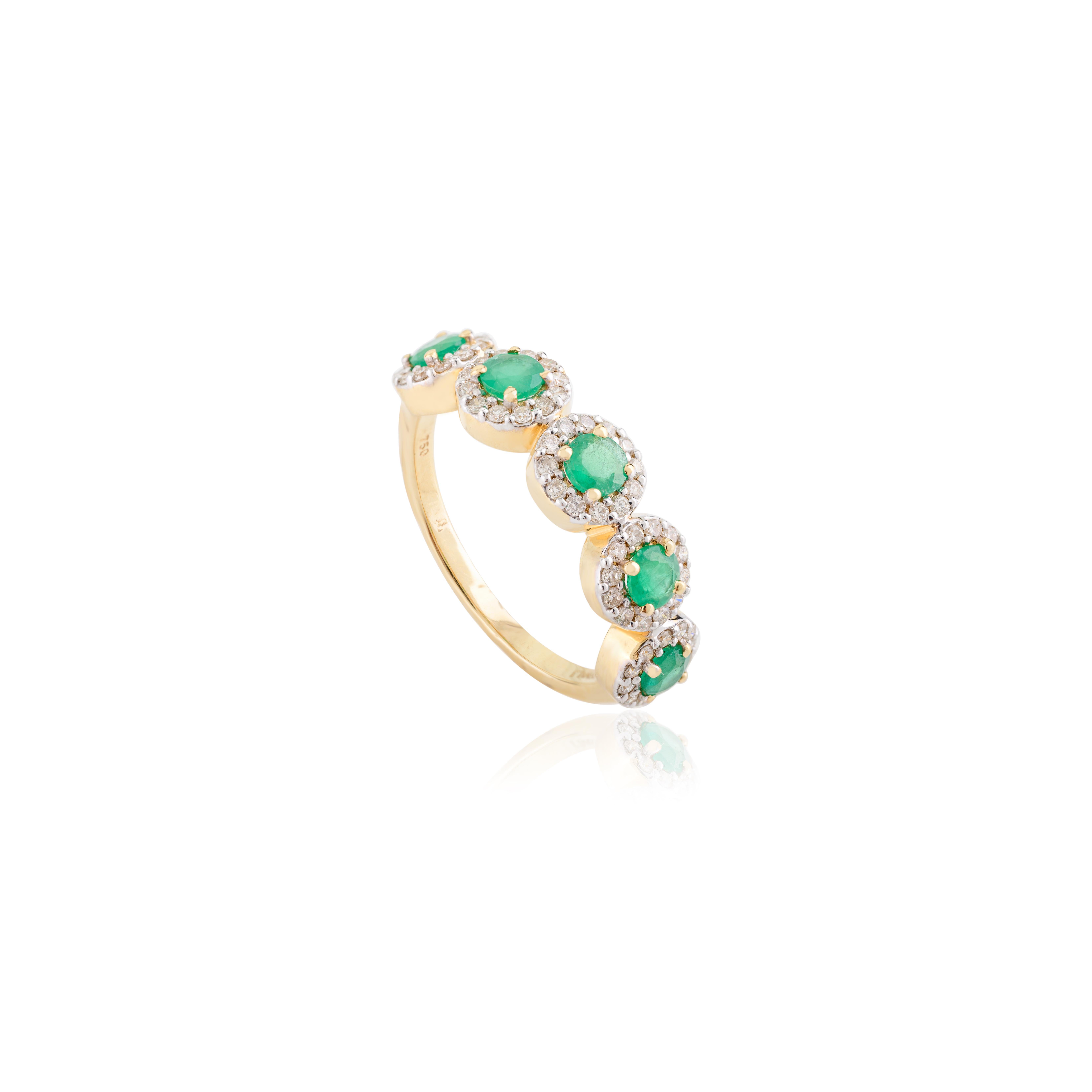 For Sale:  18k Solid Yellow Gold Five Stone Round Emerald Halo Diamond Band Ring for Her 7