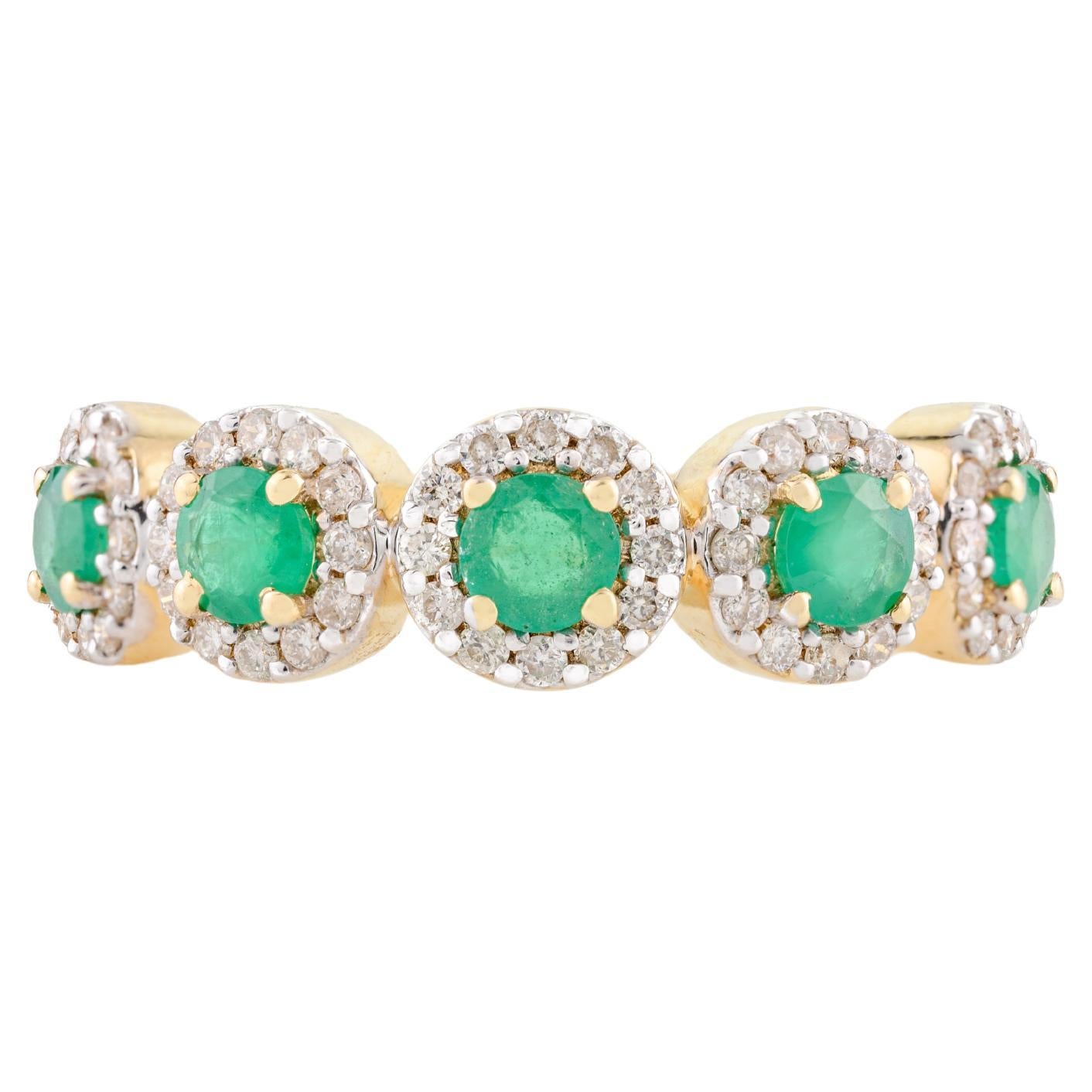 18k Solid Yellow Gold Five Stone Round Emerald Halo Diamond Band Ring for Her