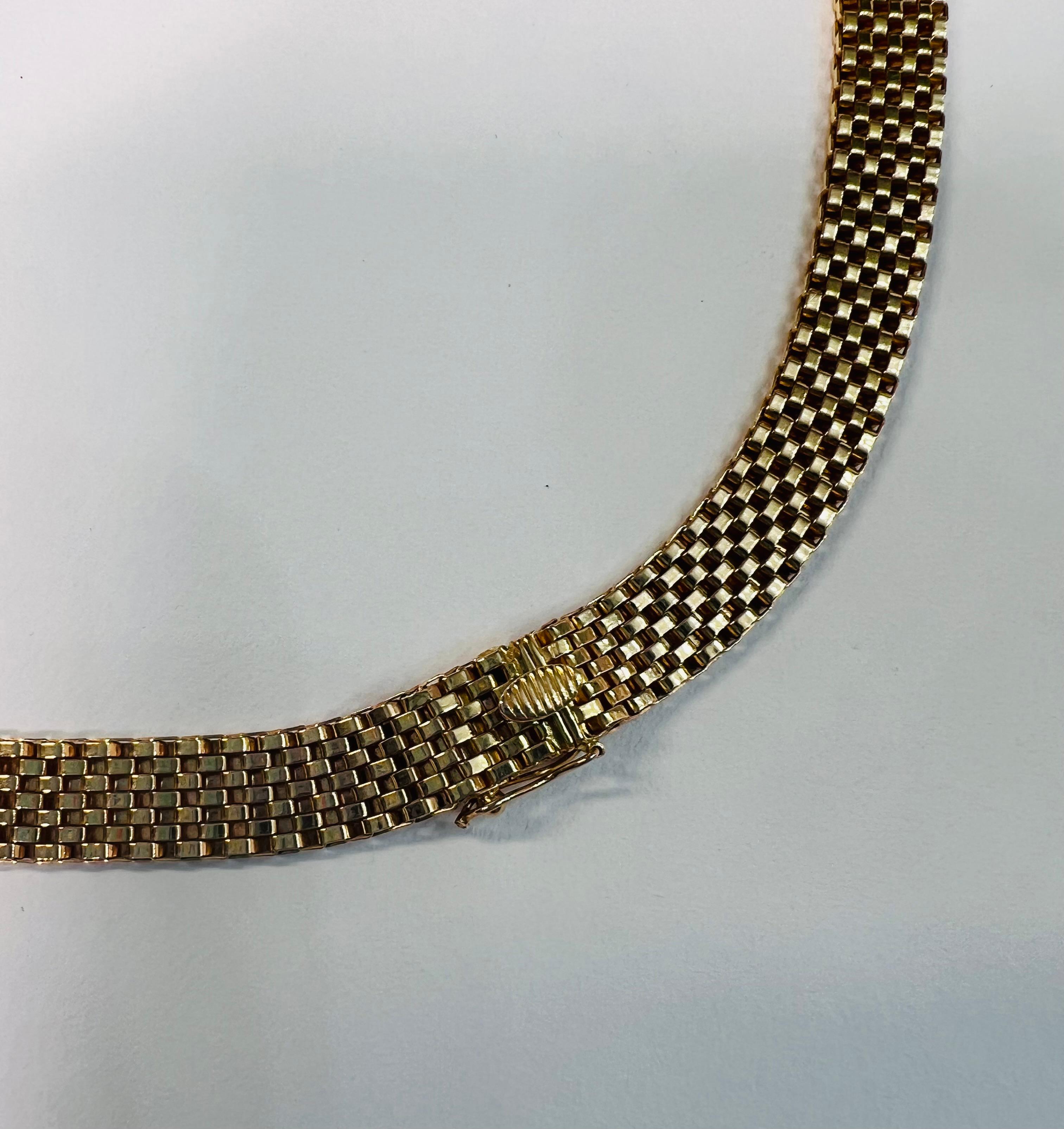 18k Solid Yellow Gold Flat Weave Necklace, Vintage Italian  13