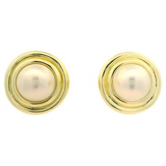 18k Solid Yellow Gold Large Mabe Pearl Polished Button Concentric Omega Earrings