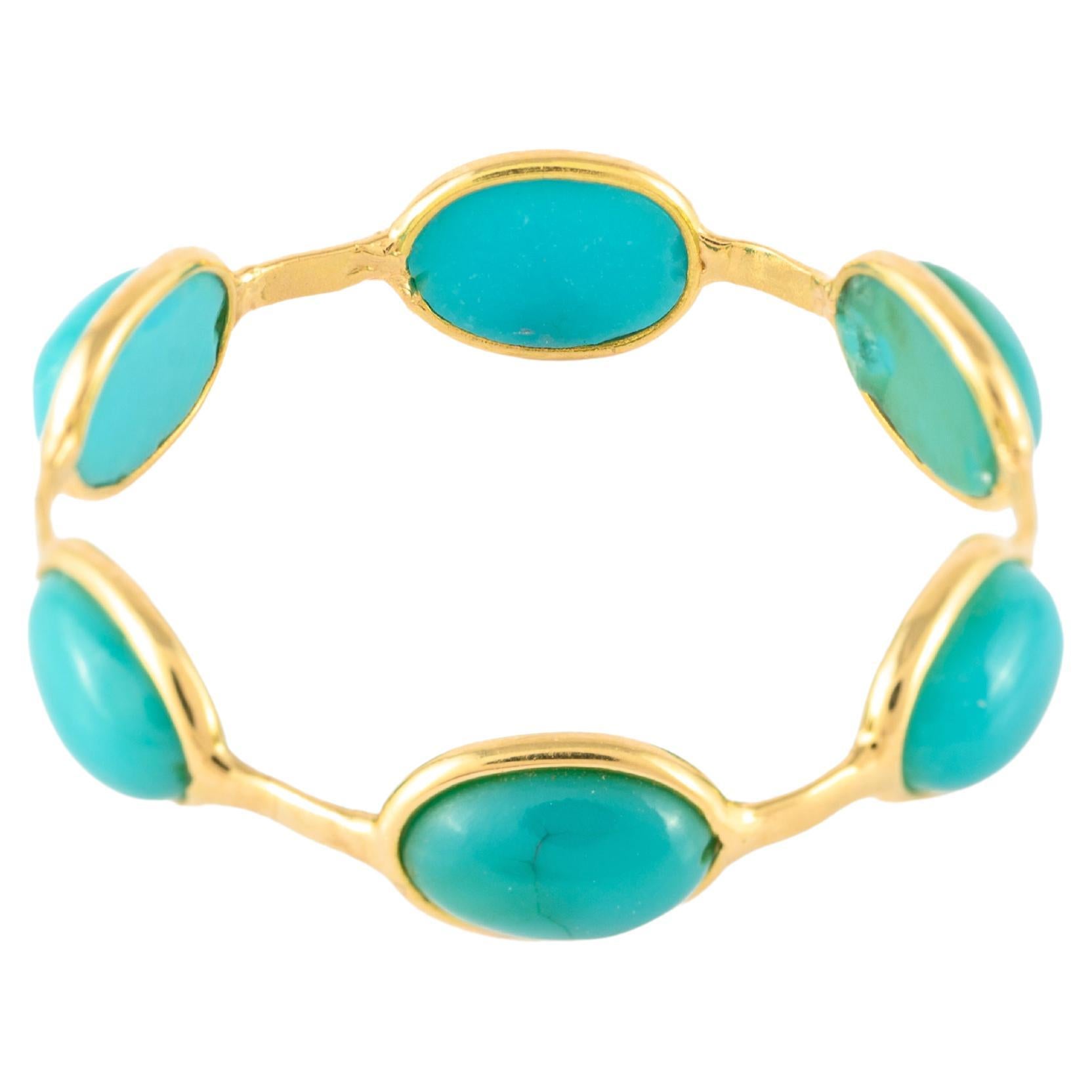 For Sale:  18k Solid Yellow Gold Minimal Stackable Turquoise Eternity Band Ring 2