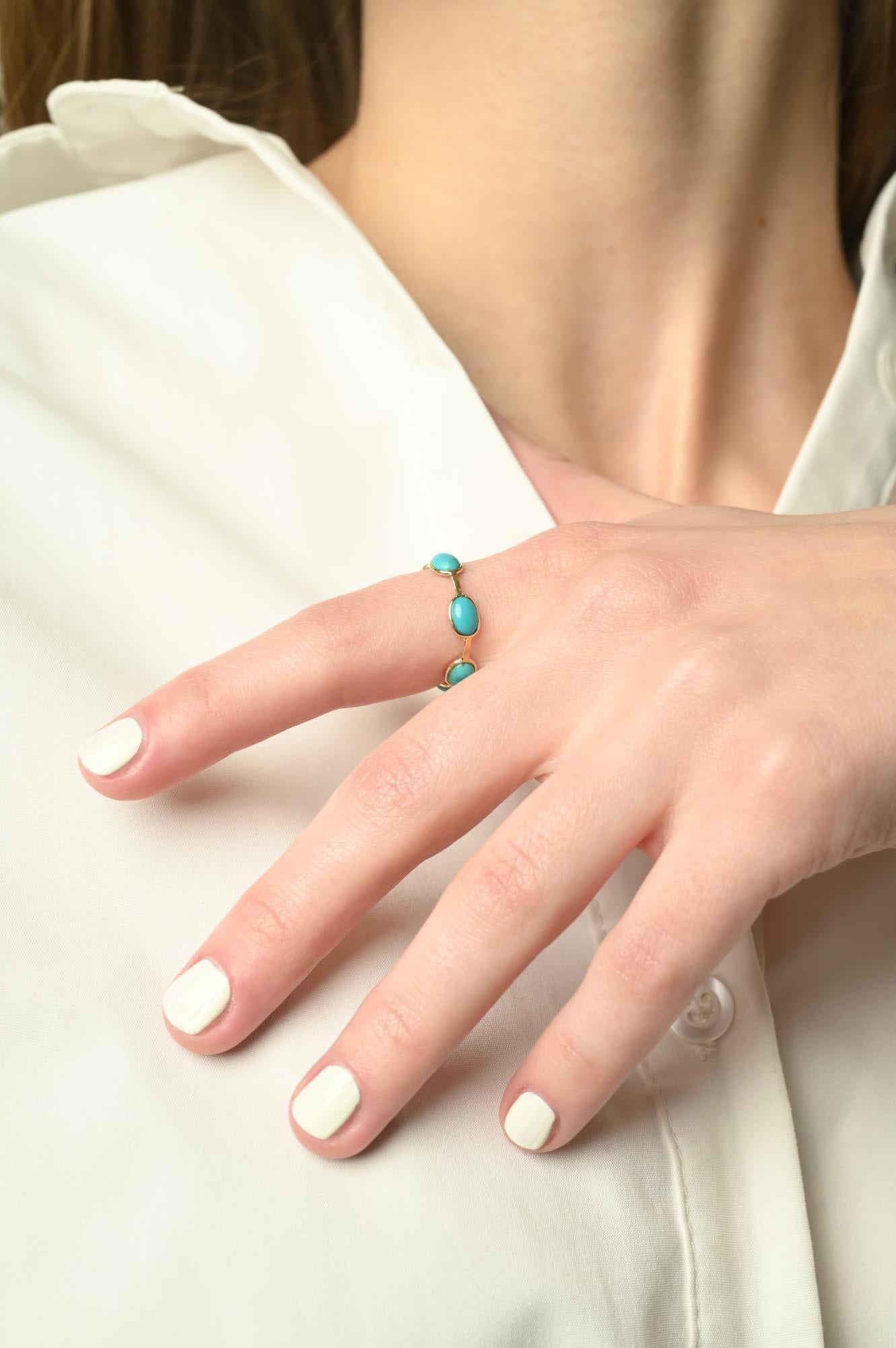 For Sale:  18k Solid Yellow Gold Minimal Stackable Turquoise Eternity Band Ring 3