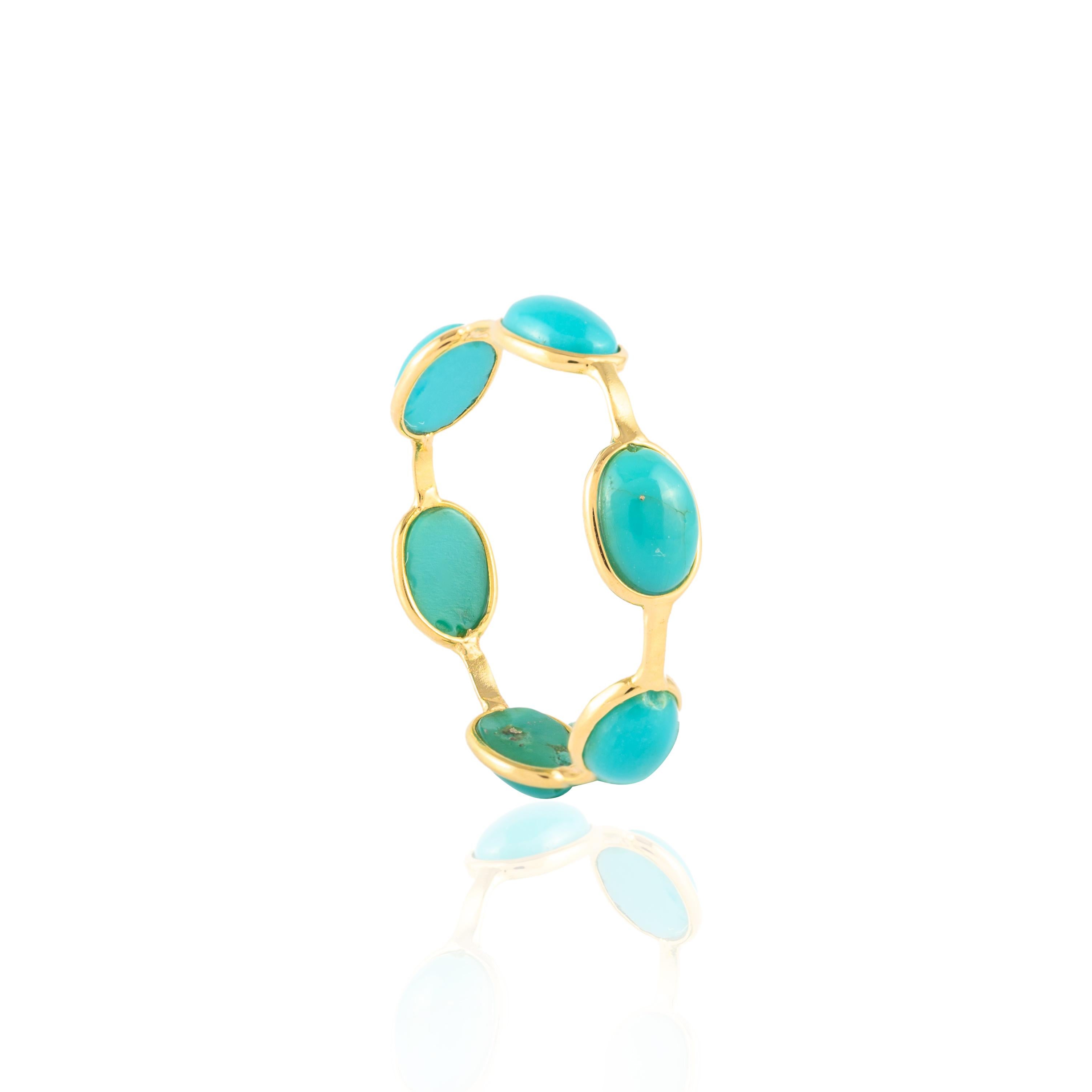 For Sale:  18k Solid Yellow Gold Minimal Stackable Turquoise Eternity Band Ring 5