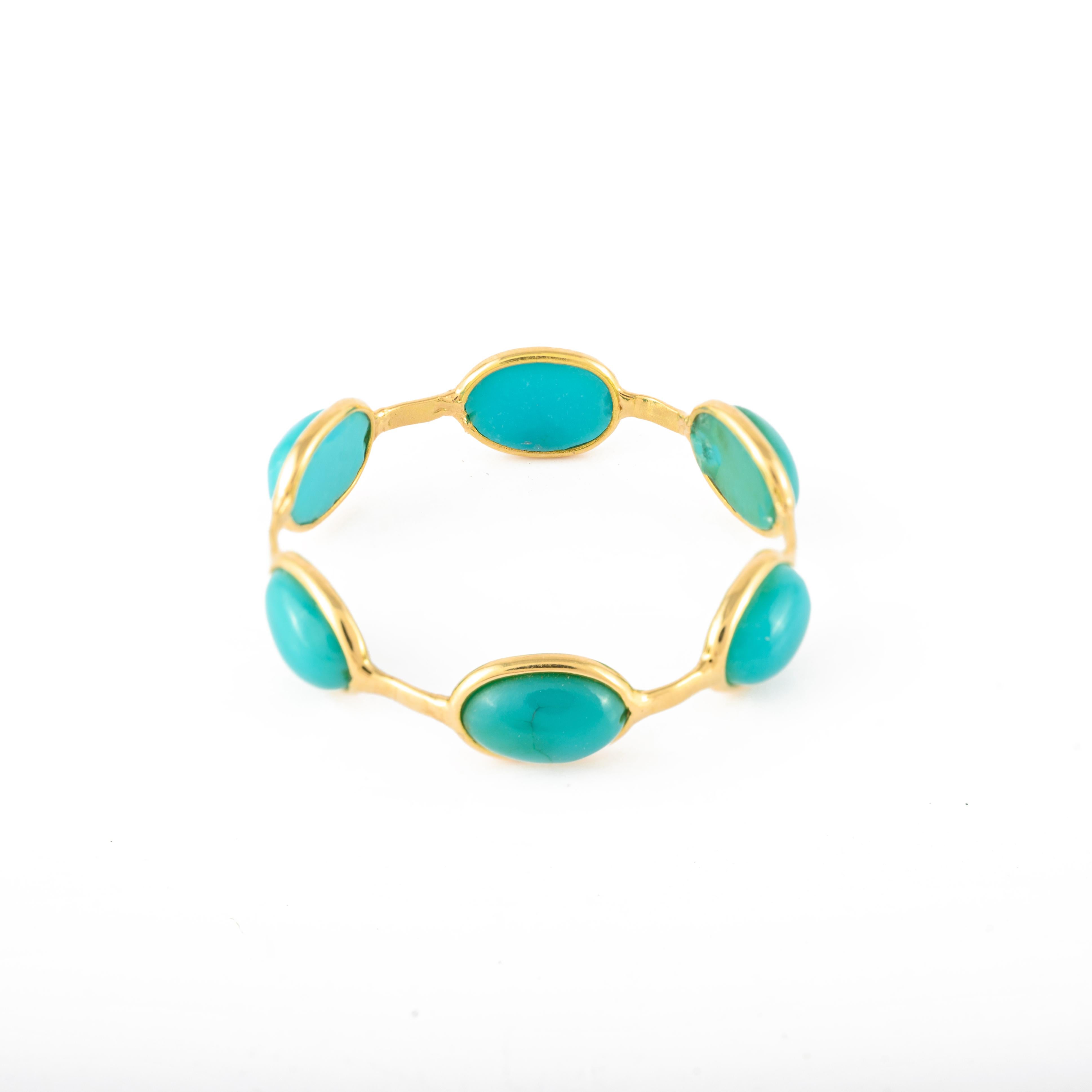 For Sale:  18k Solid Yellow Gold Minimal Stackable Turquoise Eternity Band Ring 8