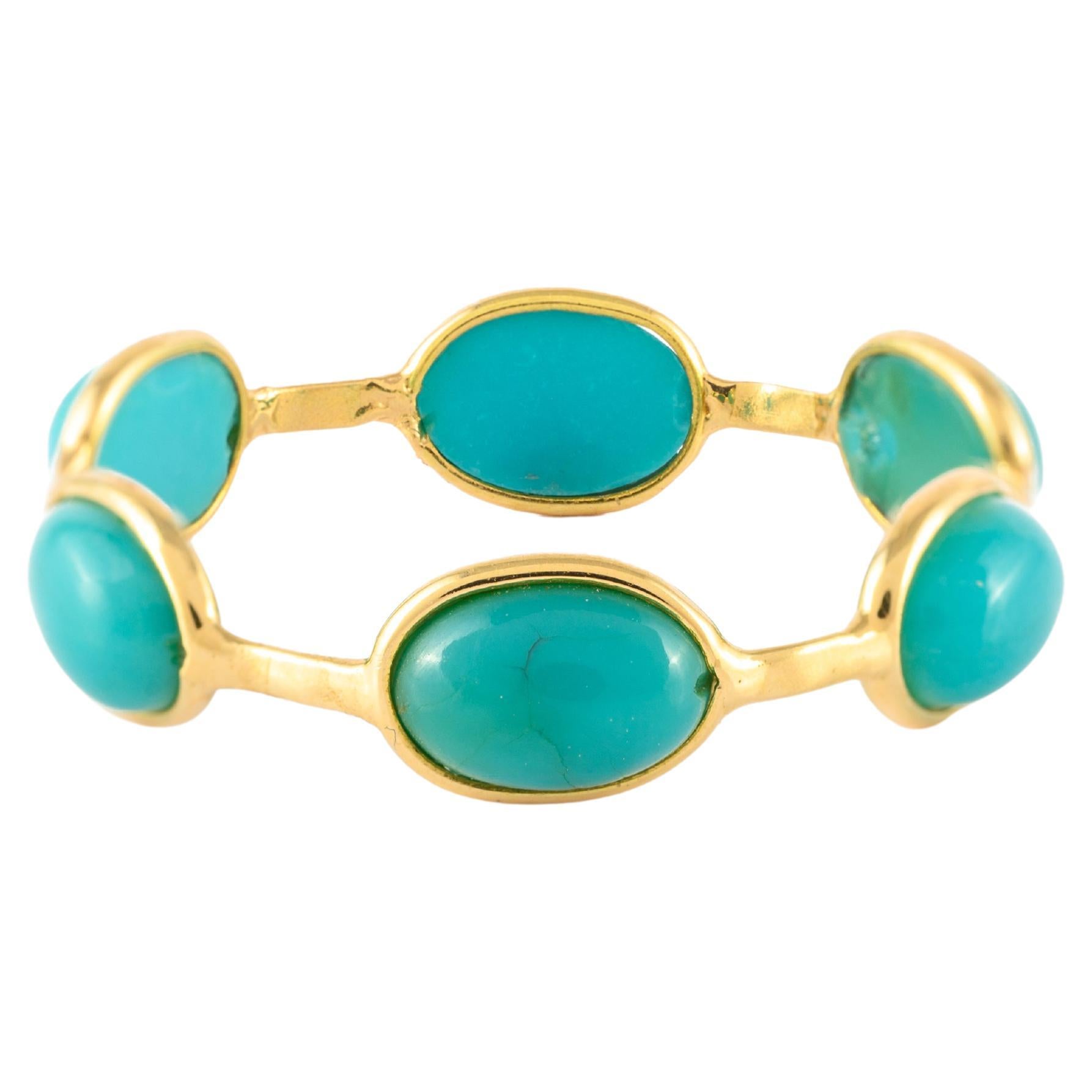 For Sale:  18k Solid Yellow Gold Minimal Stackable Turquoise Eternity Band Ring