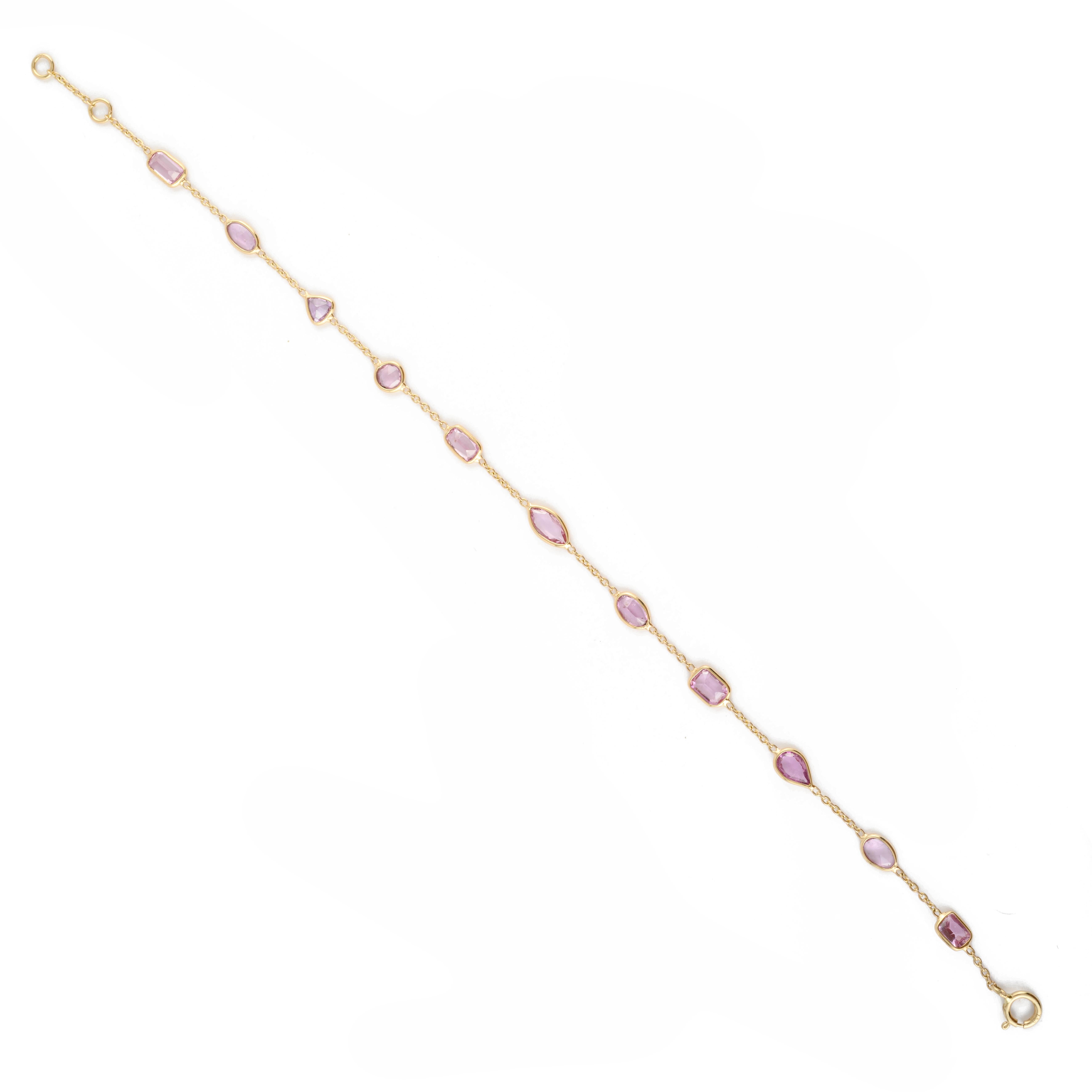 Mixed Cut 18K Solid Yellow Gold Minimalist Unique Pink Sapphire Layering Bracelet For Sale