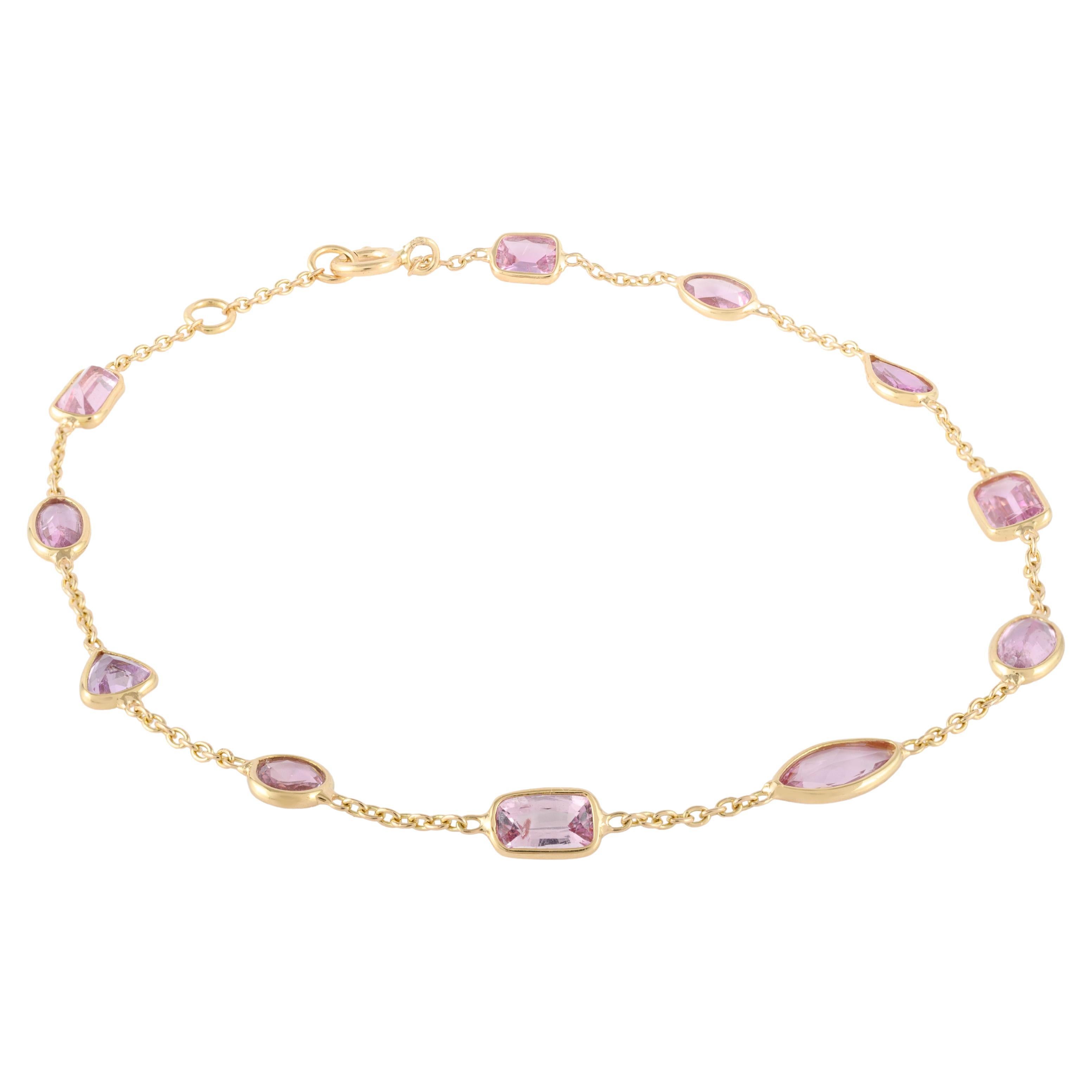 18K Solid Yellow Gold Minimalist Unique Pink Sapphire Layering Bracelet For Sale