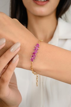 18k Solid Yellow Gold Modern Baguette Cut Ruby Charm Bracelet Gift for Her