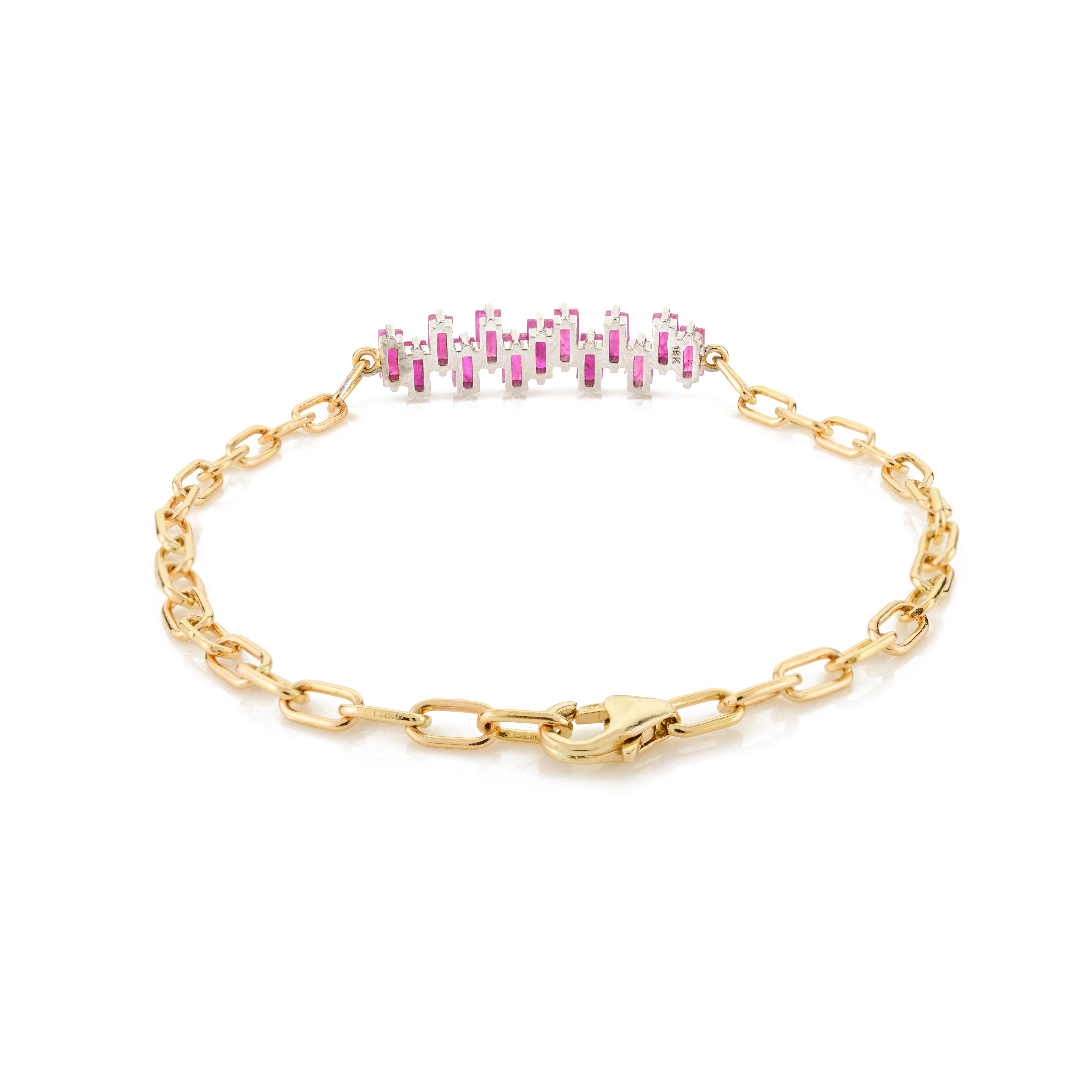 18k Solid Yellow Gold Modern Baguette Cut Ruby Charm Bracelet Gift for Her For Sale 3
