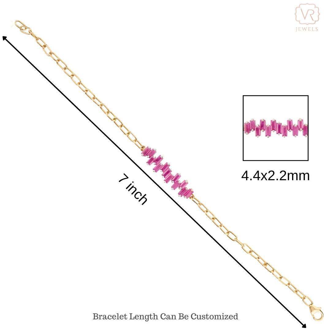 18k Solid Yellow Gold Modern Baguette Cut Ruby Charm Bracelet Gift for Her For Sale 4