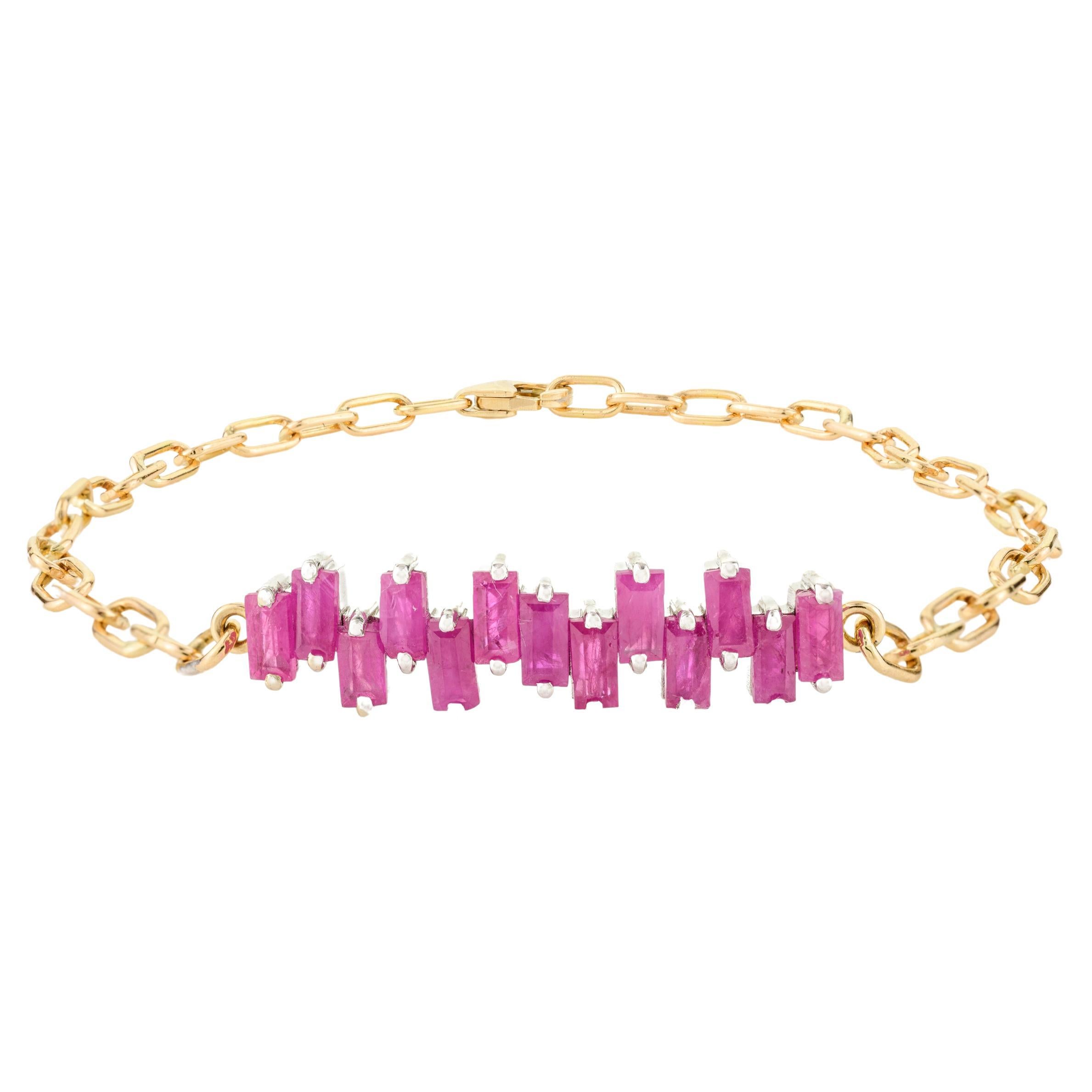 18k Solid Yellow Gold Modern Baguette Cut Ruby Charm Bracelet Gift for Her For Sale