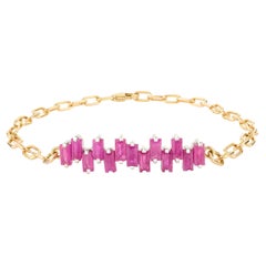 18k Solid Yellow Gold Modern Baguette Cut Ruby Charm Bracelet Gift for Her