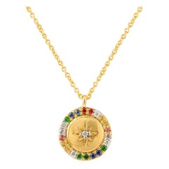 Collar Colgante Disco Zafiro Múltiple Oro Amarillo Macizo 18k, Regalo Acción de Gracias